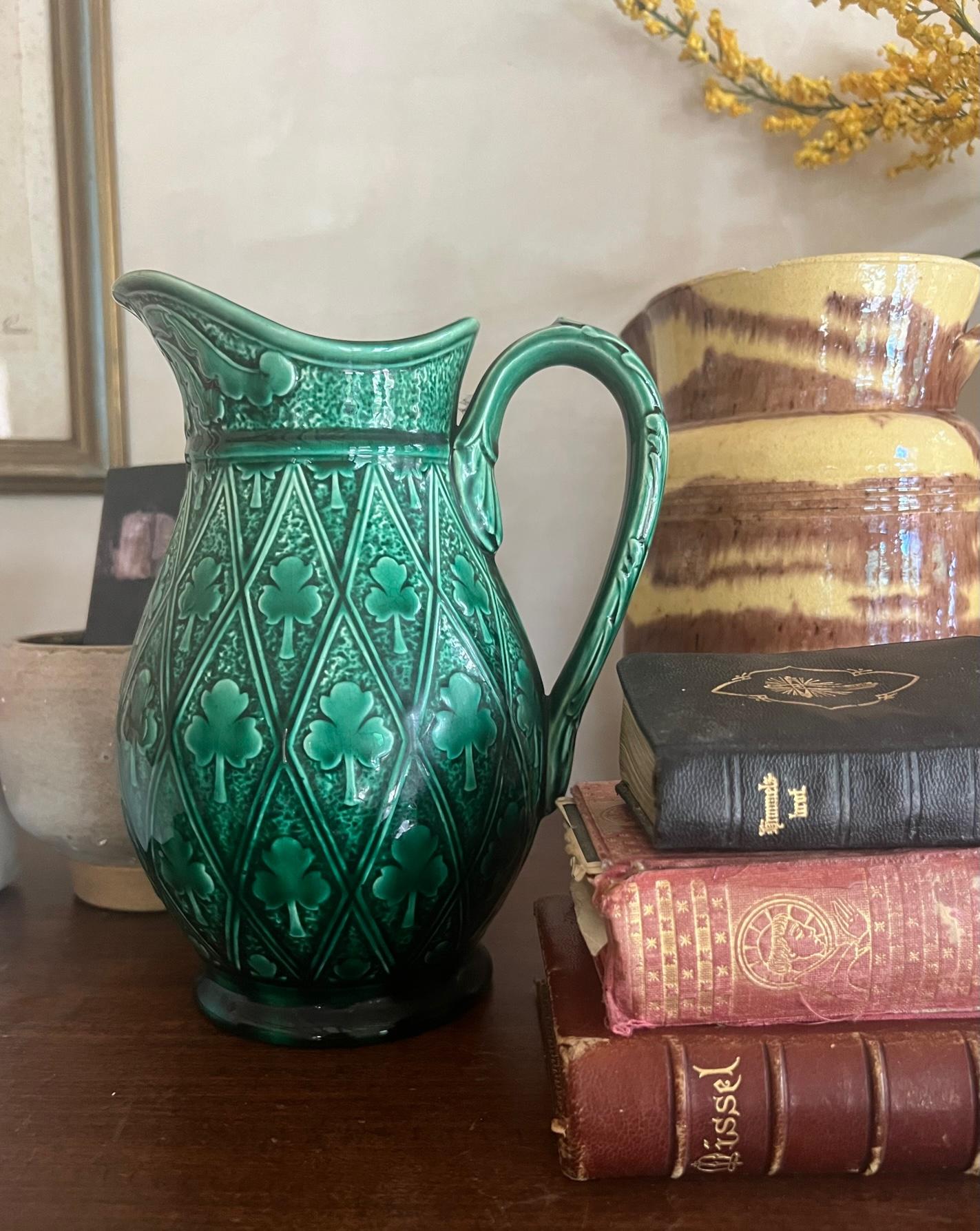 Antique Vibrant Green Majolica Clover Sarreguemines Pitcher, Circa 1880's For Sale 7