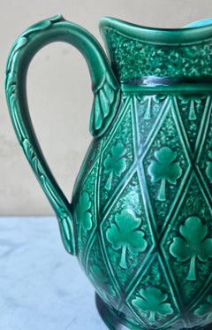 Antique Vibrant Green Majolica Clover Sarreguemines Pitcher, Circa 1880's