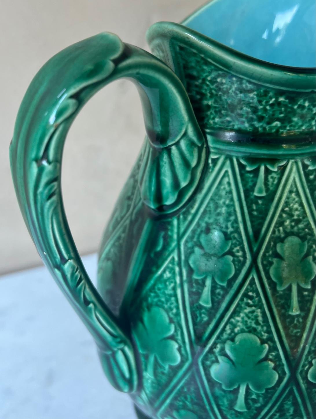 Art Nouveau Antique Vibrant Green Majolica Clover Sarreguemines Pitcher, Circa 1880's For Sale