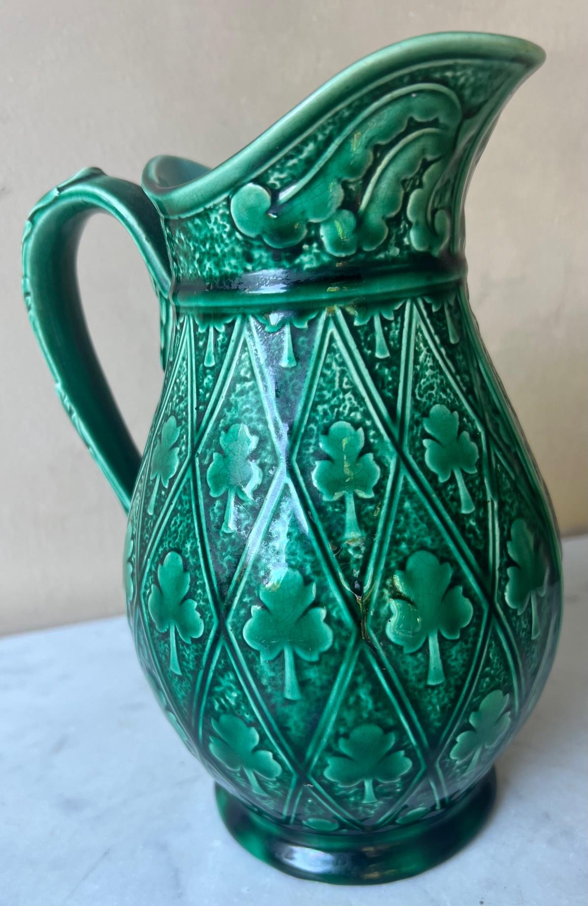 Hand-Painted Antique Vibrant Green Majolica Clover Sarreguemines Pitcher, Circa 1880's For Sale
