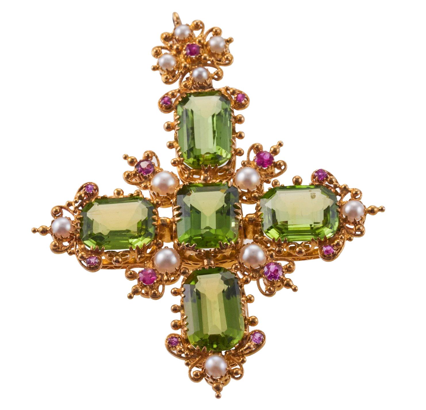 Antique Vibrant Peridot Pearl Ruby Gold Cross Pendant Necklace For Sale 5