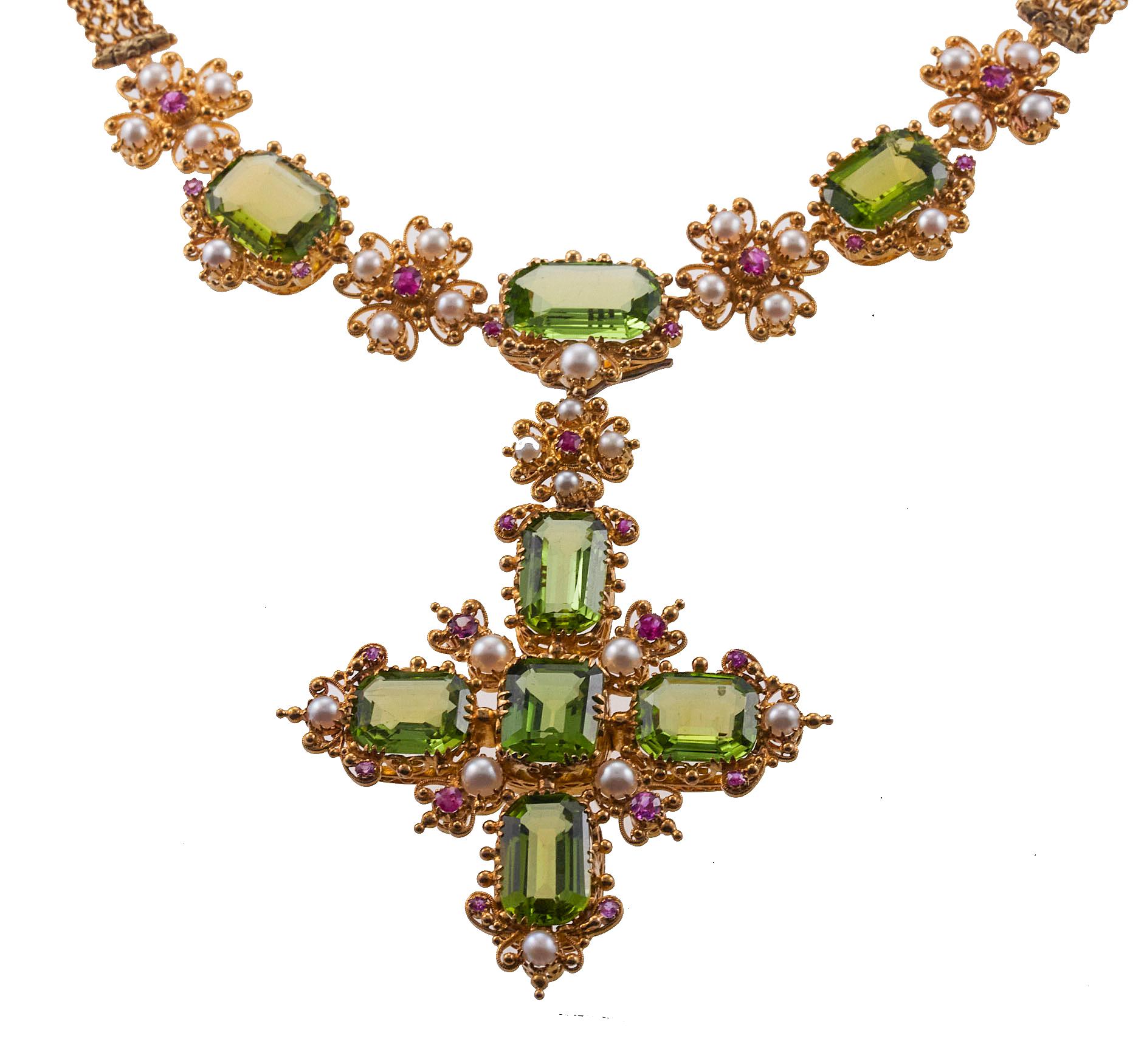 Round Cut Antique Vibrant Peridot Pearl Ruby Gold Cross Pendant Necklace For Sale