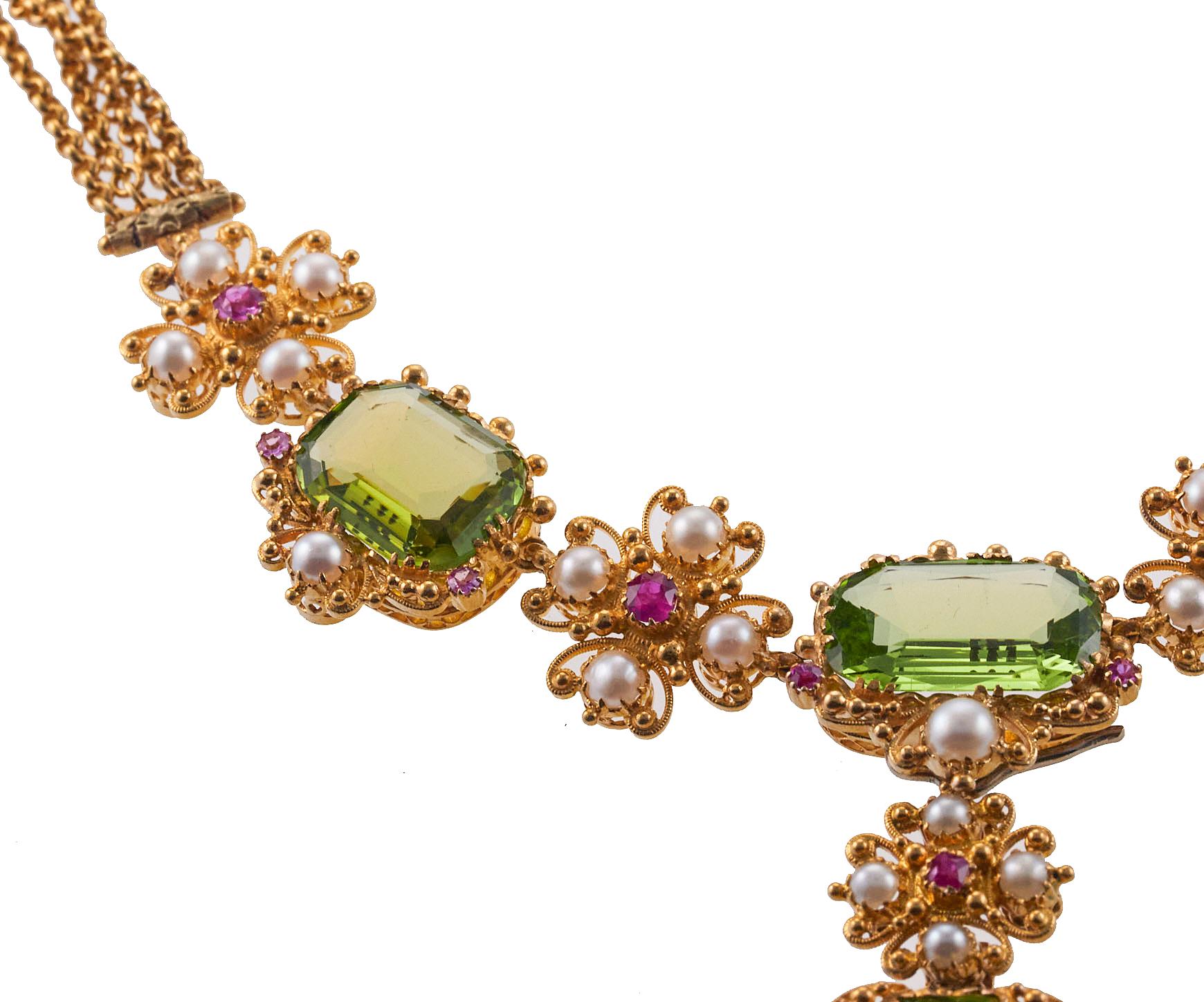 Antique Vibrant Peridot Pearl Ruby Gold Cross Pendant Necklace In Excellent Condition In New York, NY