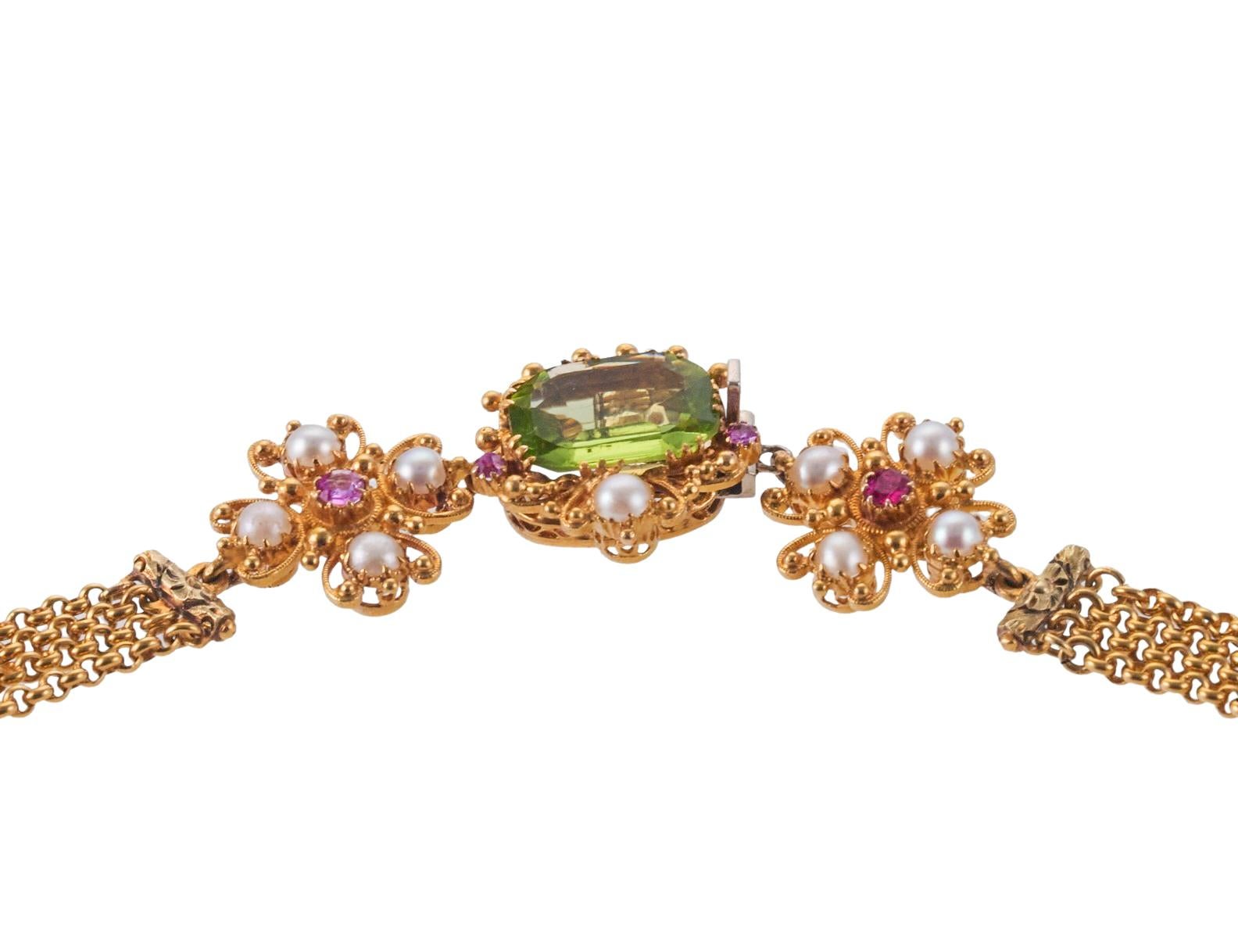 Women's Antique Vibrant Peridot Pearl Ruby Gold Cross Pendant Necklace