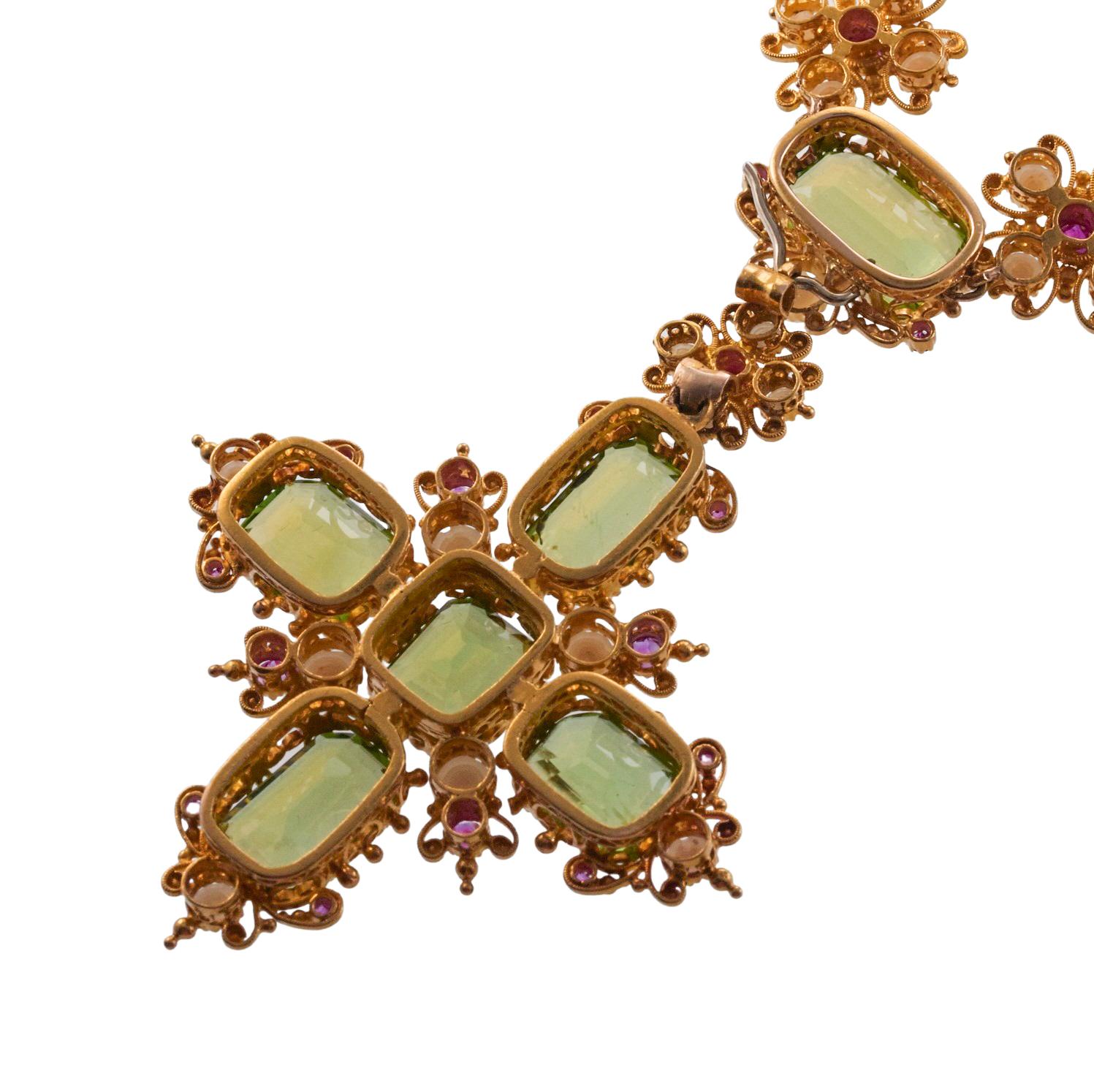 Antique Vibrant Peridot Pearl Ruby Gold Cross Pendant Necklace For Sale 3