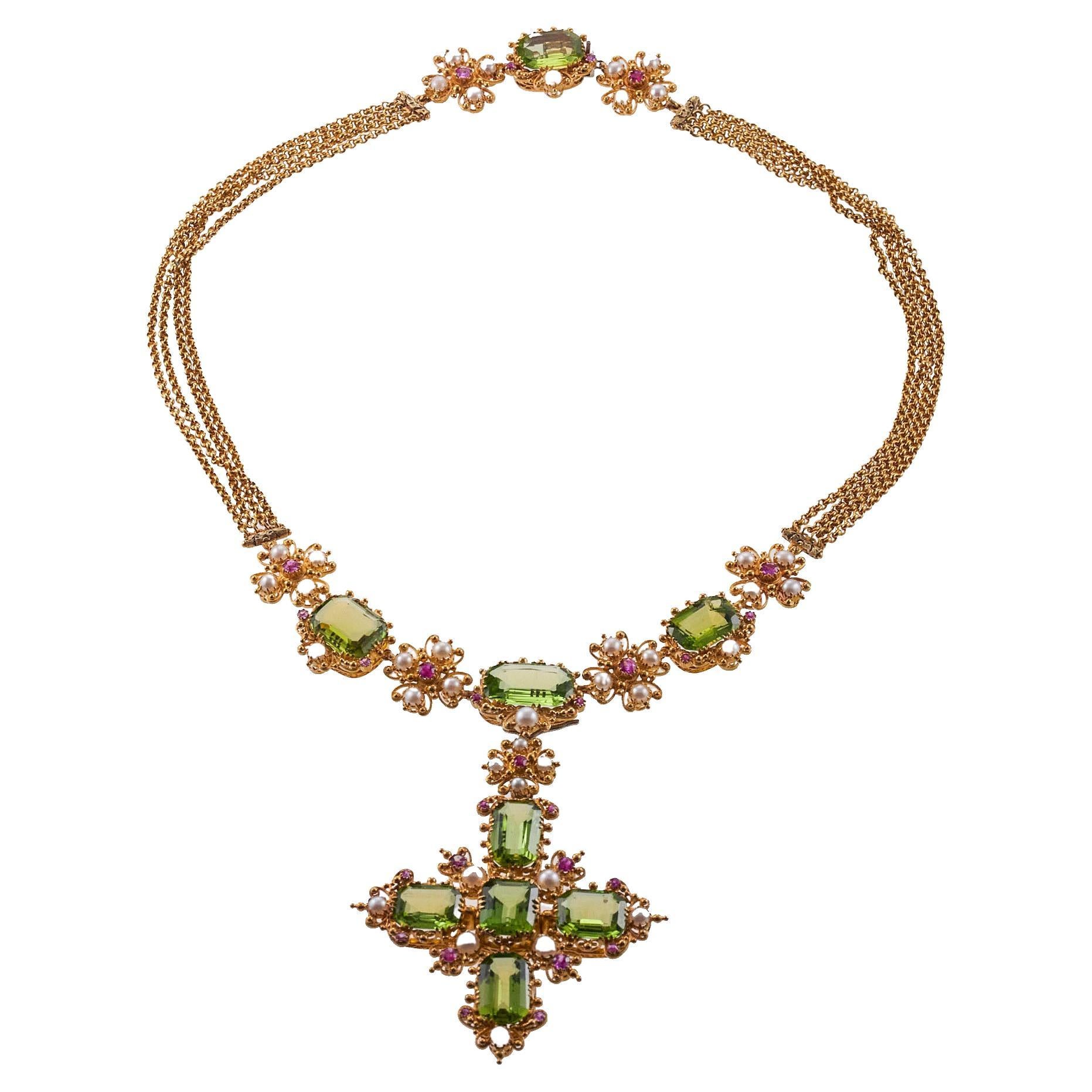 Antique Vibrant Peridot Pearl Ruby Gold Cross Pendant Necklace For Sale