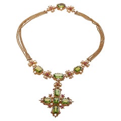 Antique Vibrant Peridot Pearl Ruby Gold Cross Pendant Necklace