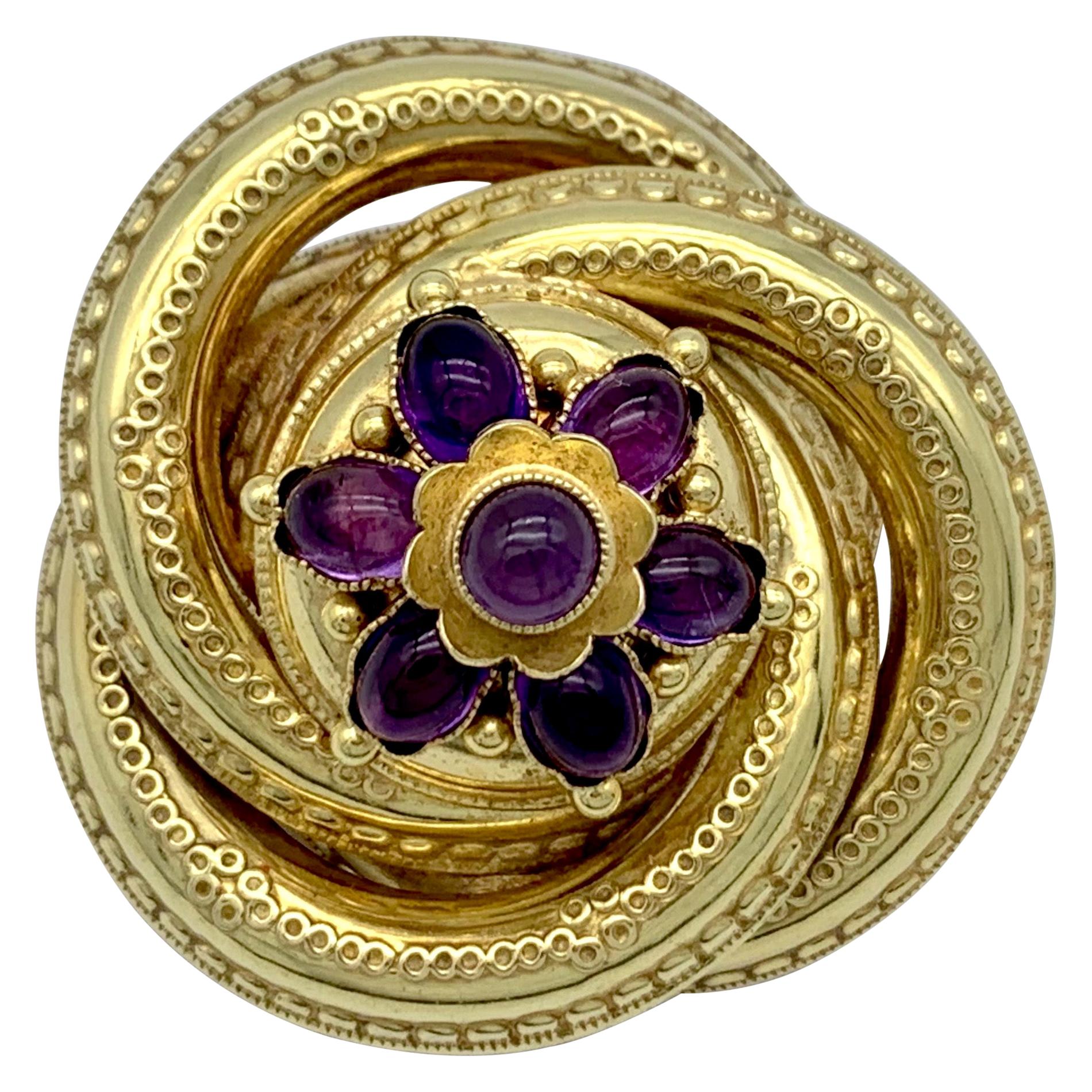 Antique Vict. Etruscan Revival Brooch Eternity Knot Amethyst Cabochon 14 Kt Gold