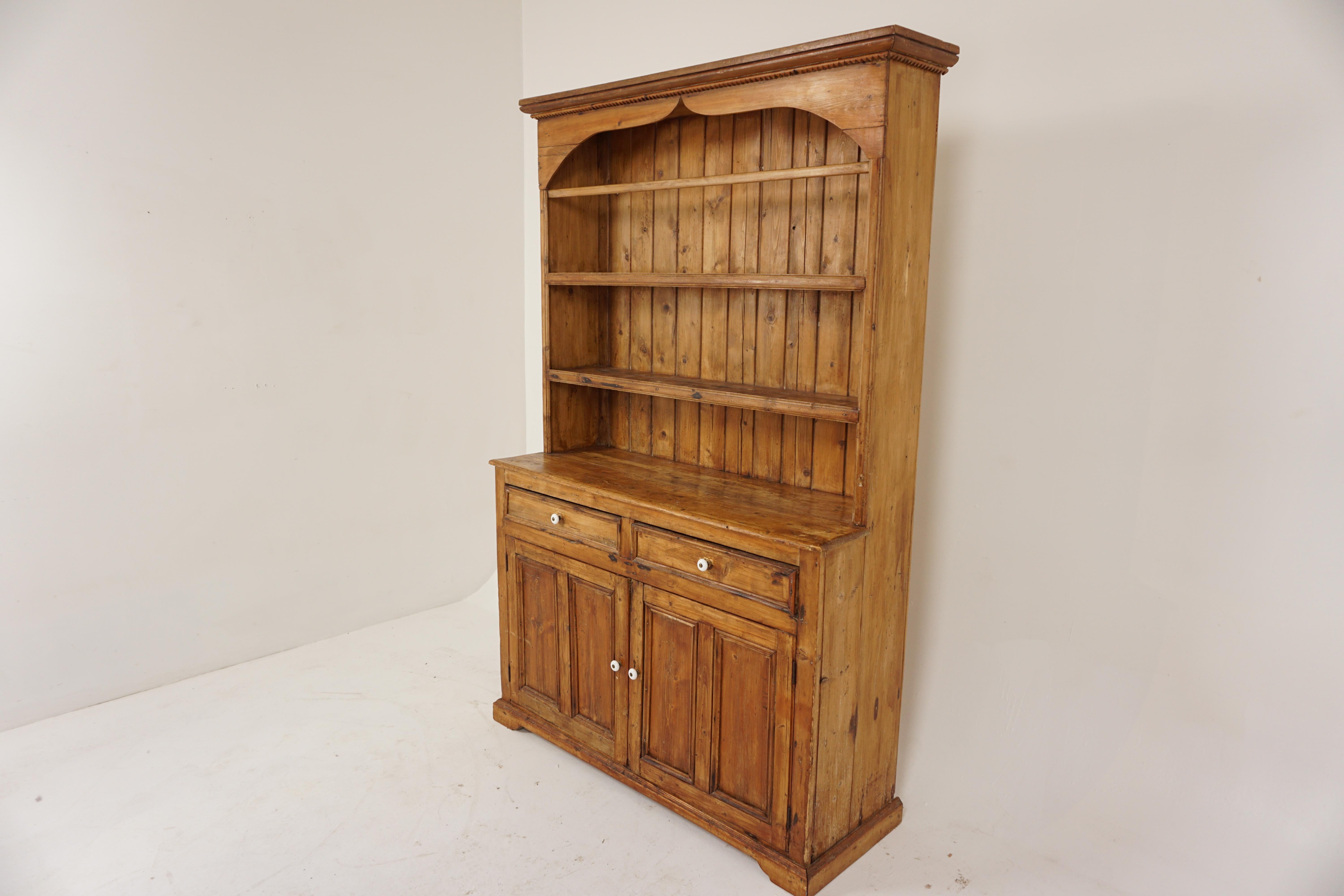 Antique Victorian Pine farmhouse Welsh dresser, buffet, sideboard, Scotland 1870, H352

Scotland 1870
Solid Pine
Original finish
Moulded cornice on top with carved frieze below
With two fixed moulded front shelves
Has pine backboards
The base has