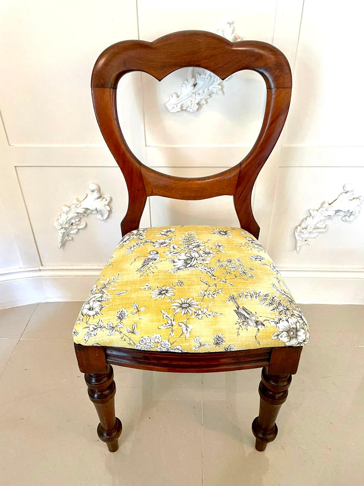 Antique Victorian mahogany side chair having a pretty shaped mahogany top with a shaped mahogany splat to the centre , drop in seat newly reupholstered in a quality fabric, shaped reeded front rail and standing on turned shaped legs to the front and