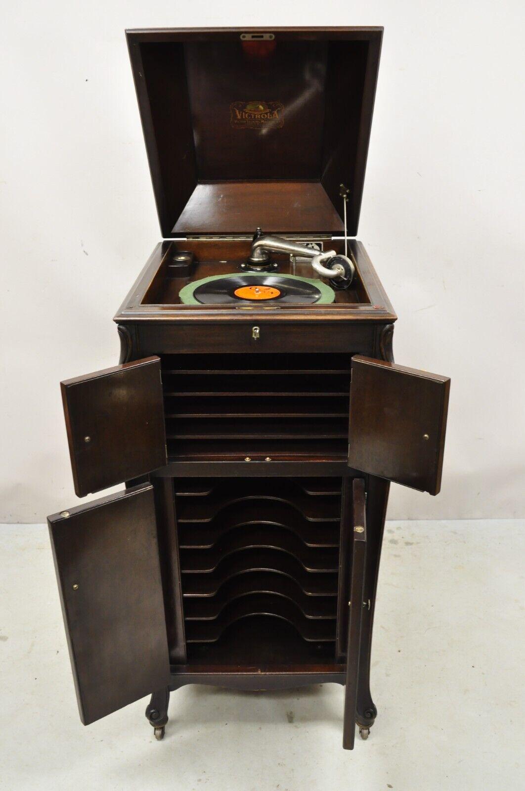 Antique Victor Talking Machine VV-XI Record Player Victrola Mahogany Floor Model. Circa Early 1900s. Measurements: 44