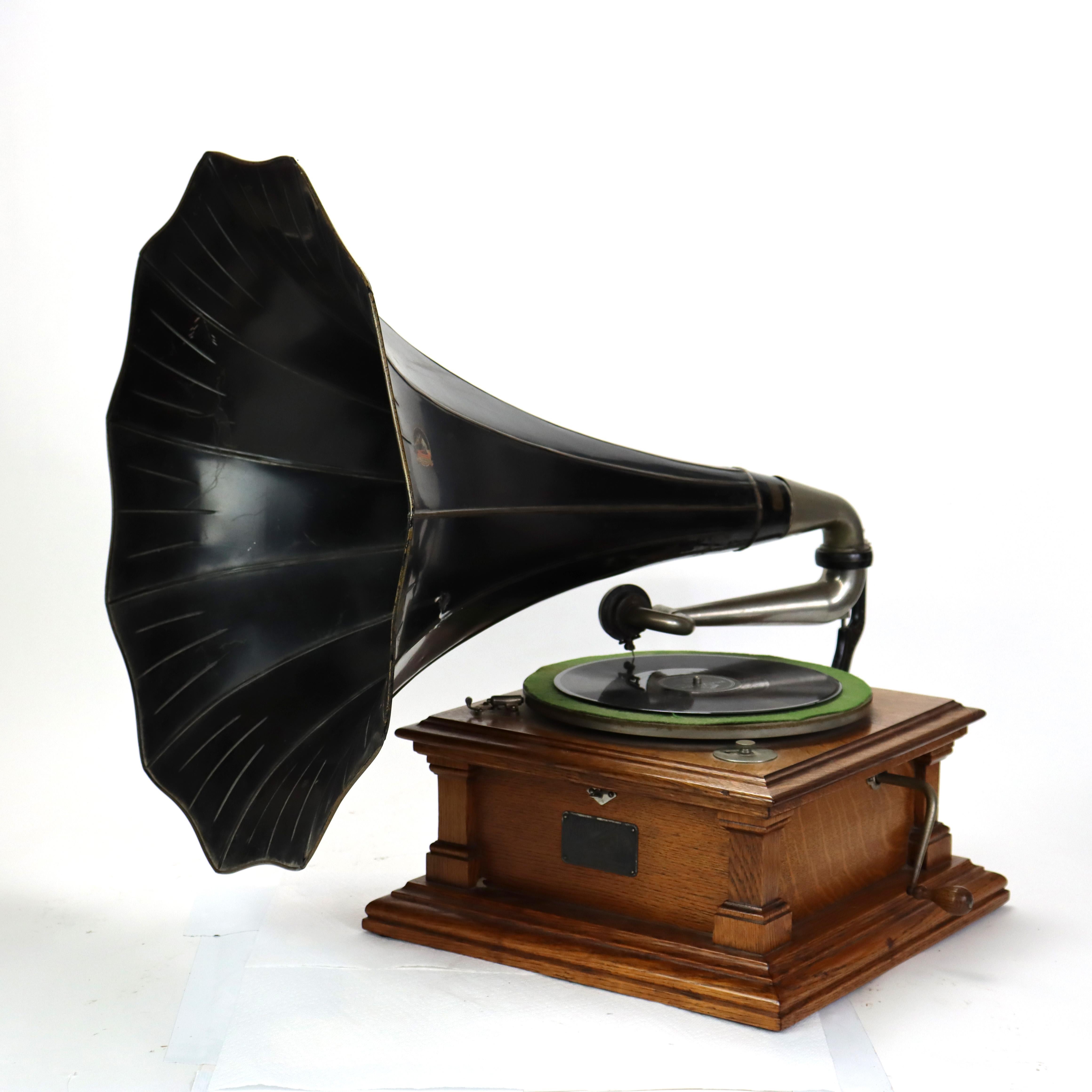 ***Reduced In-House Delivery Rates - Click on “Ask Seller” to Request a Quote***
Antique Victor 5 Victrola Oak Disk Player With Horn Signed C1910
(Base 27 1/4