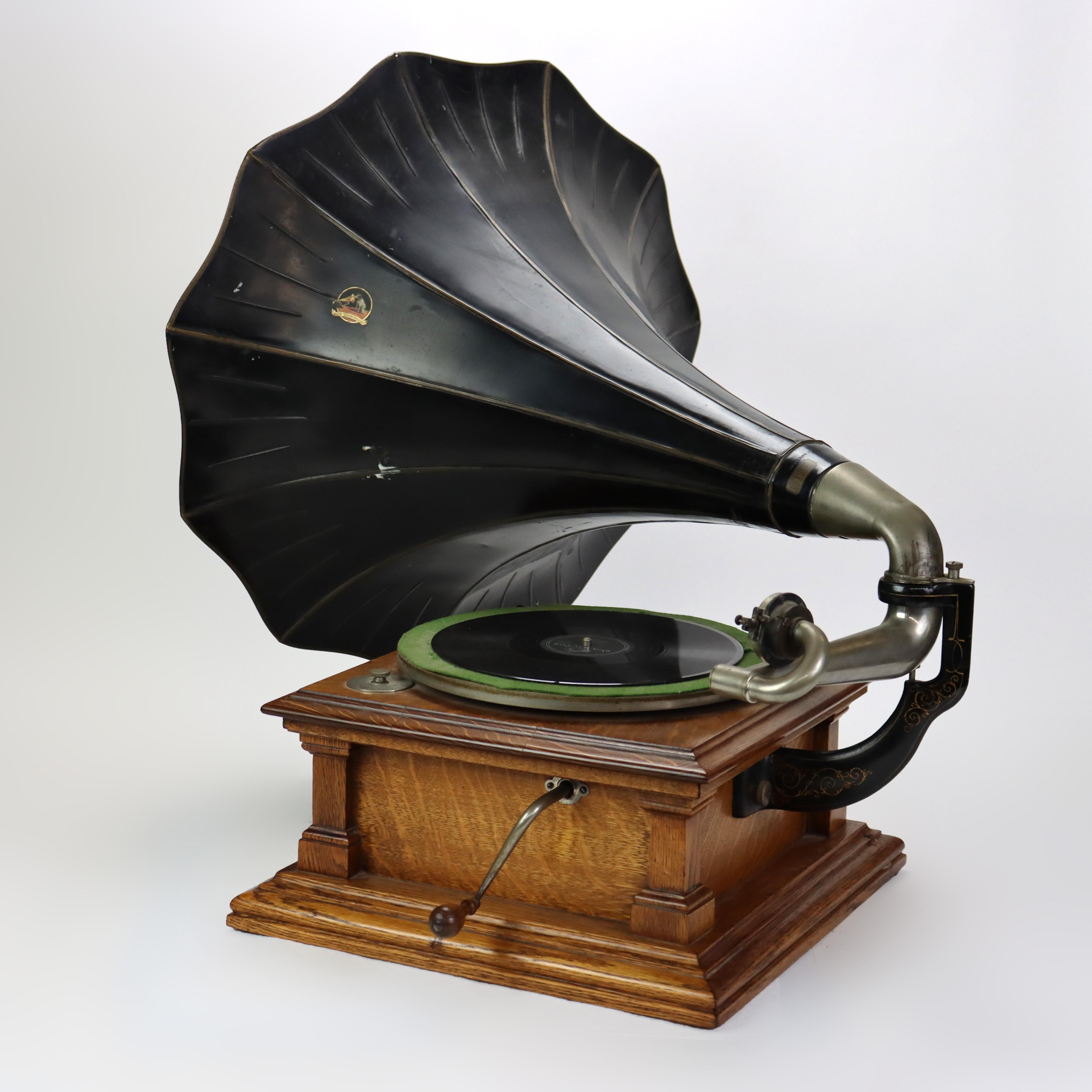 Antique Victor V Victrola Oak Disk Player & Horn C1910 For Sale 4