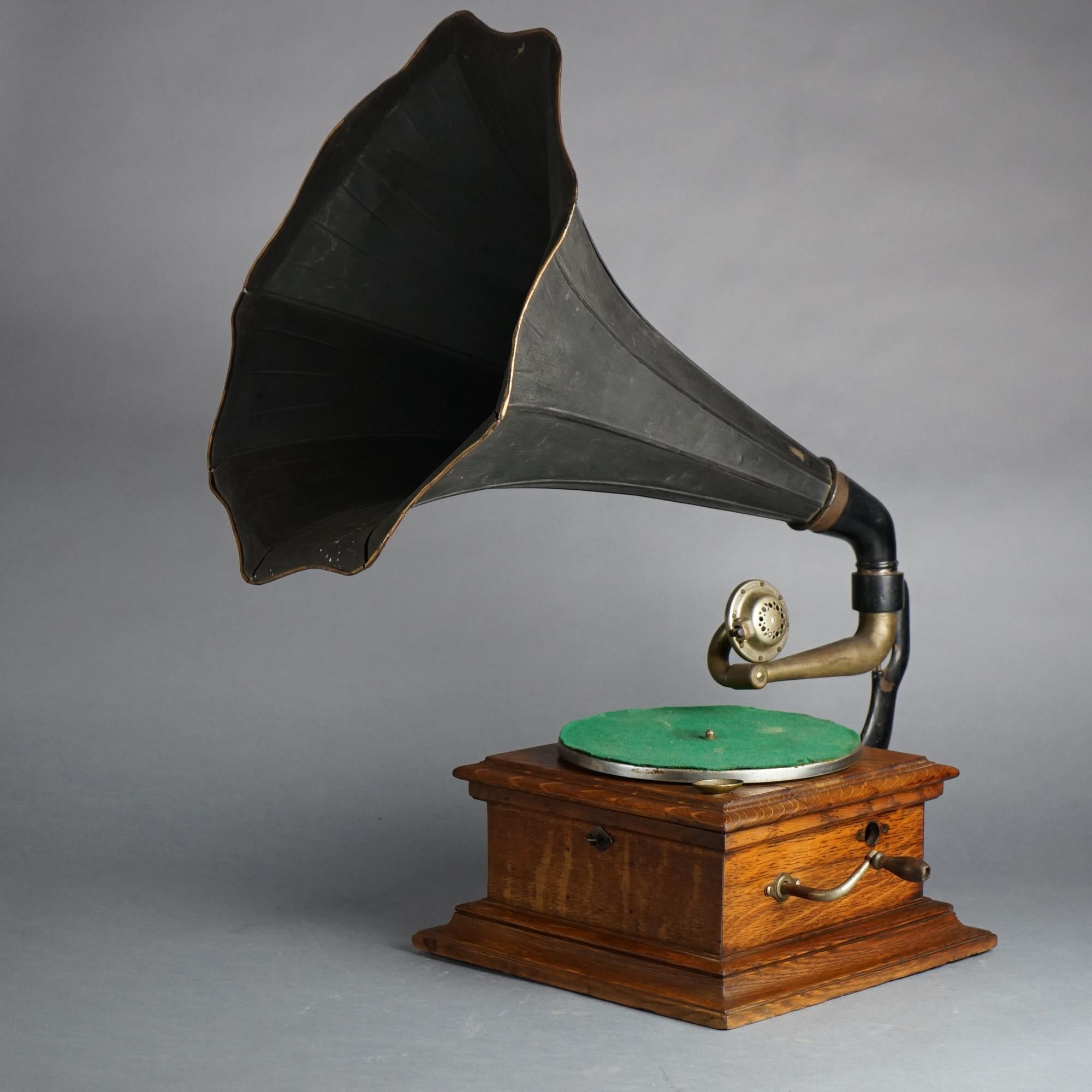 American Antique Victor Victrola Oak Table Top Disc Outside Horn Phonograph Circa 1900