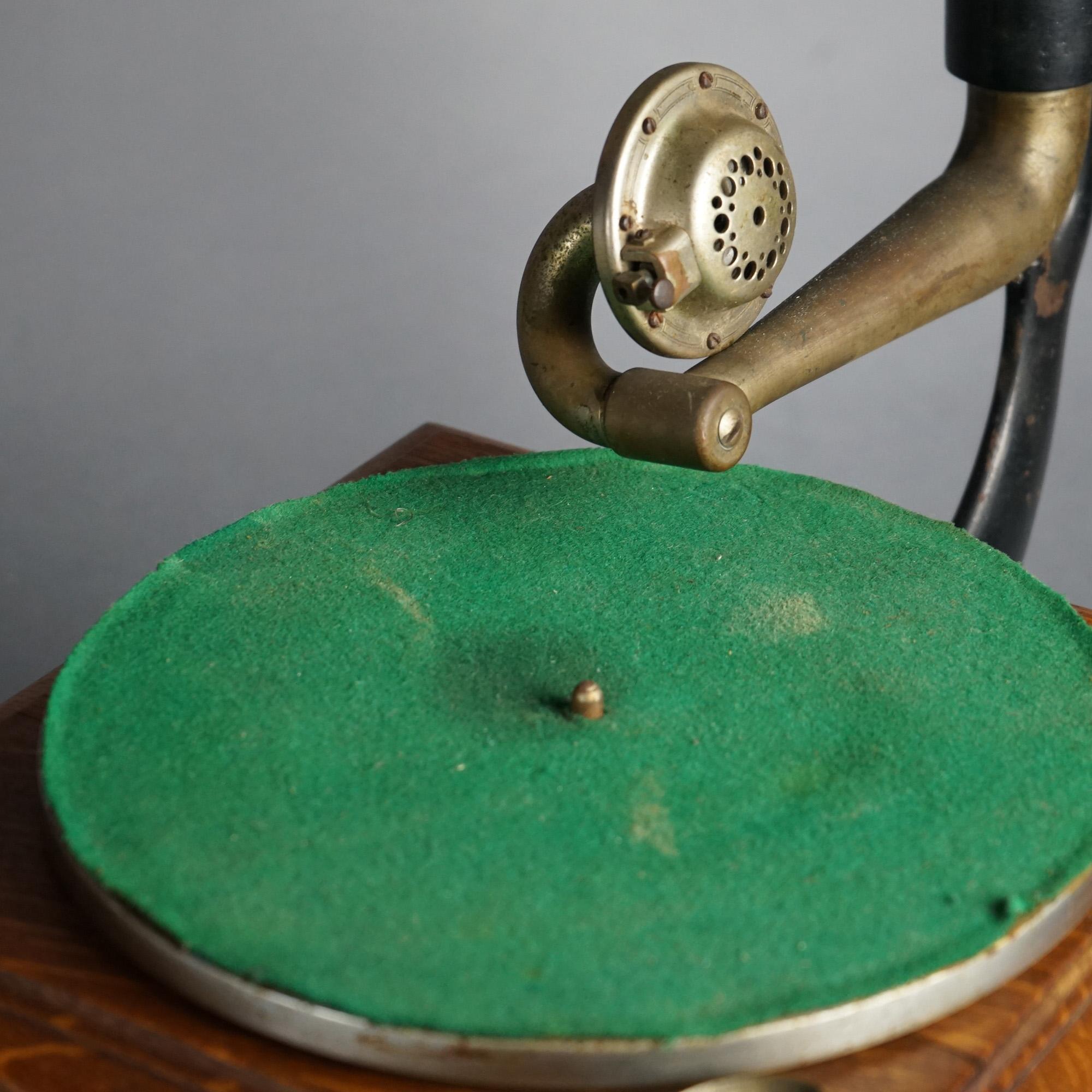 20th Century Antique Victor Victrola Oak Table Top Disc Outside Horn Phonograph Circa 1900