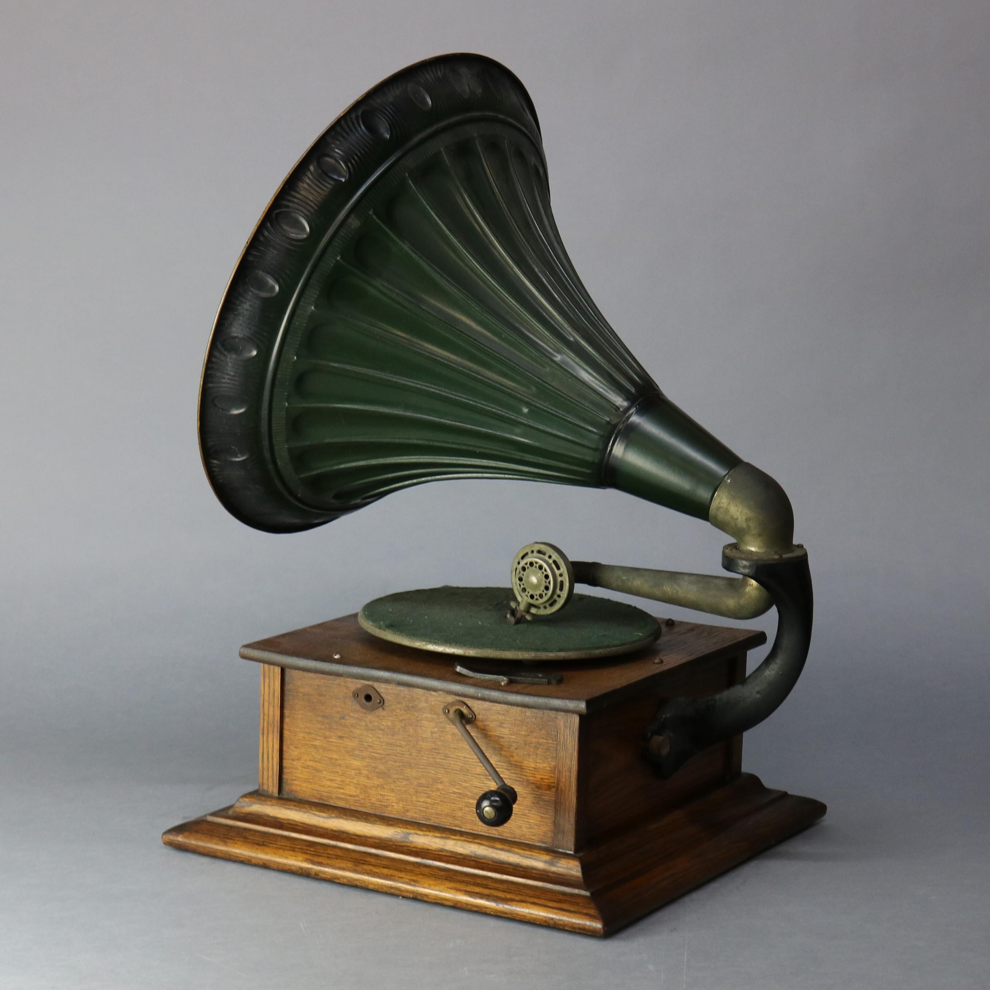 Victorian Antique Victor Victrola Standard Outside Horn Oak Phonograph, circa 1900