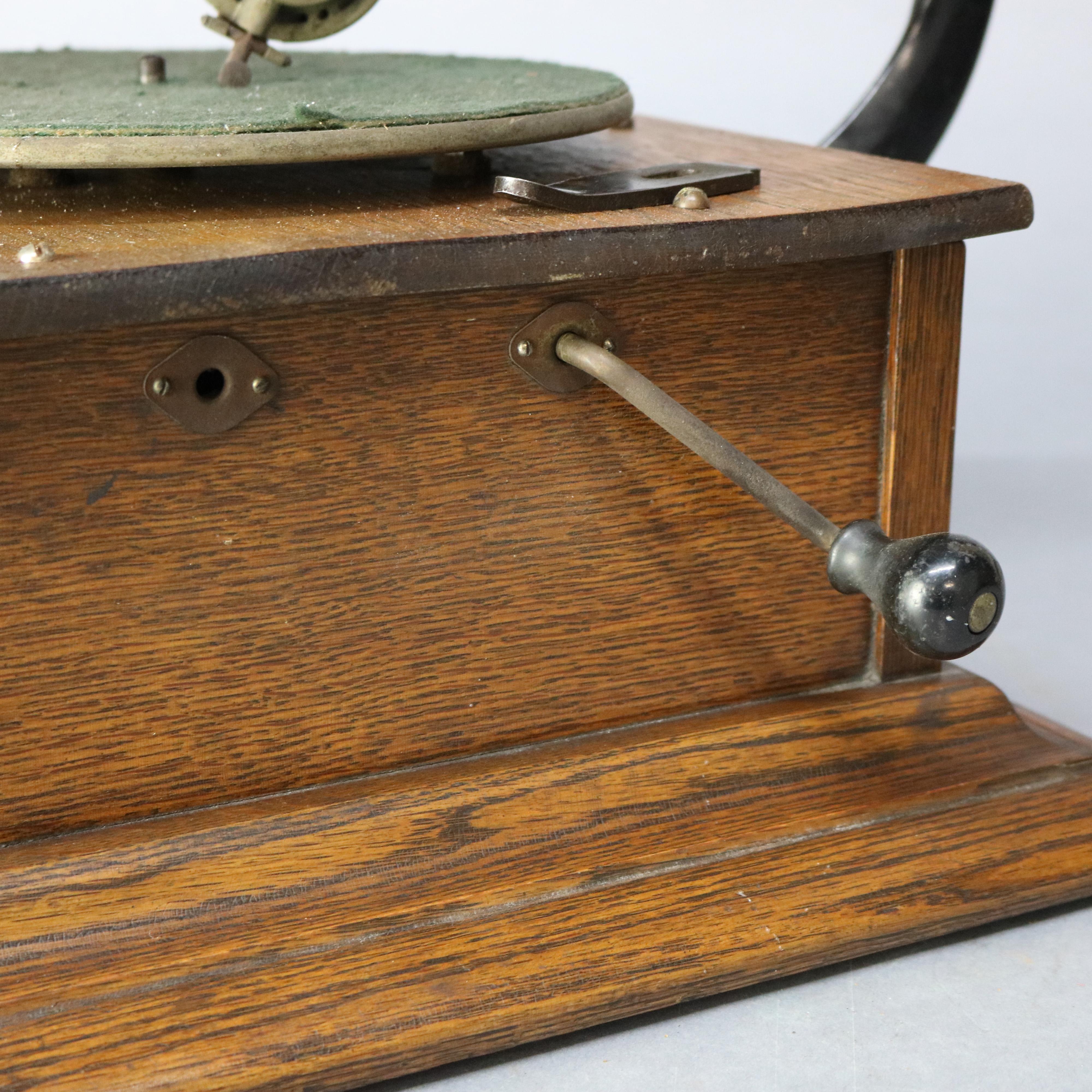 Carved Antique Victor Victrola Standard Outside Horn Oak Phonograph, circa 1900