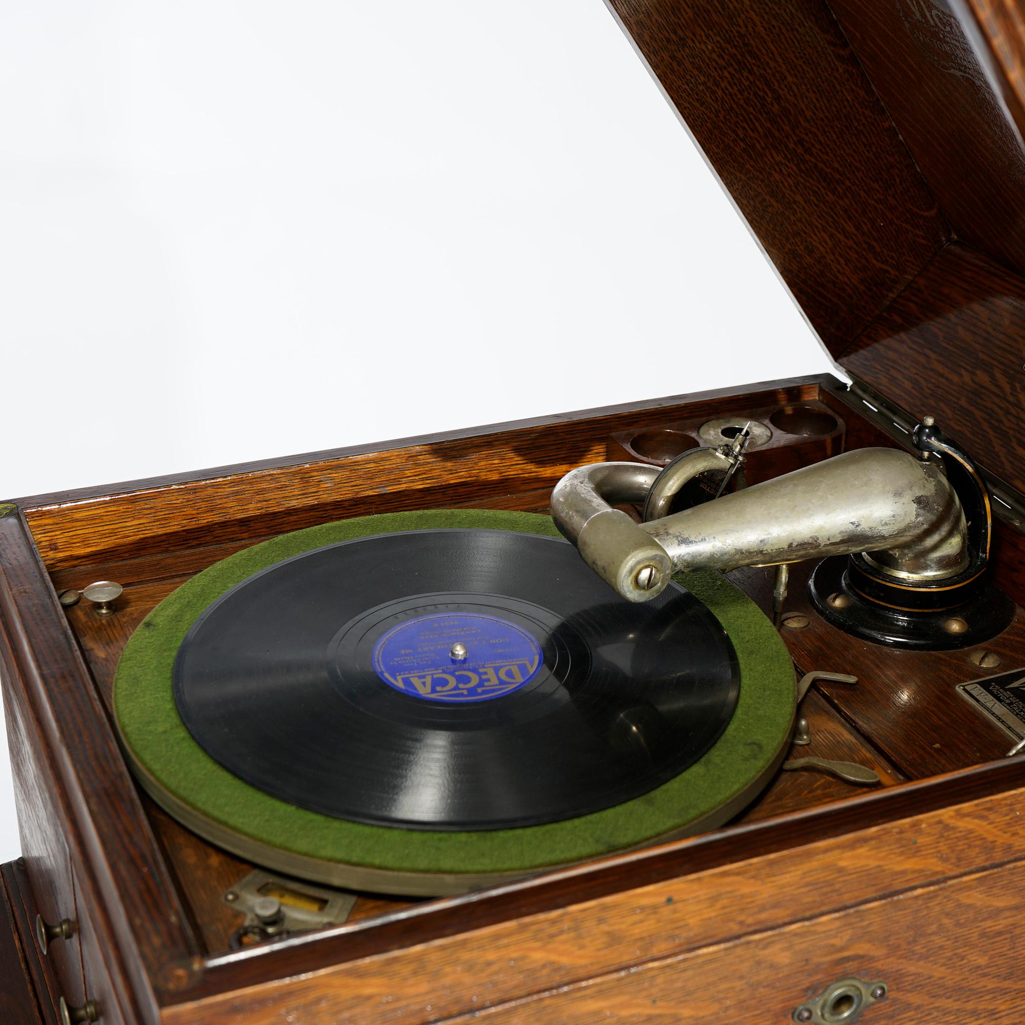 Oak Antique Victor Victrola Table Top Portable Phonograph & Base Cabinet, Circa 1920