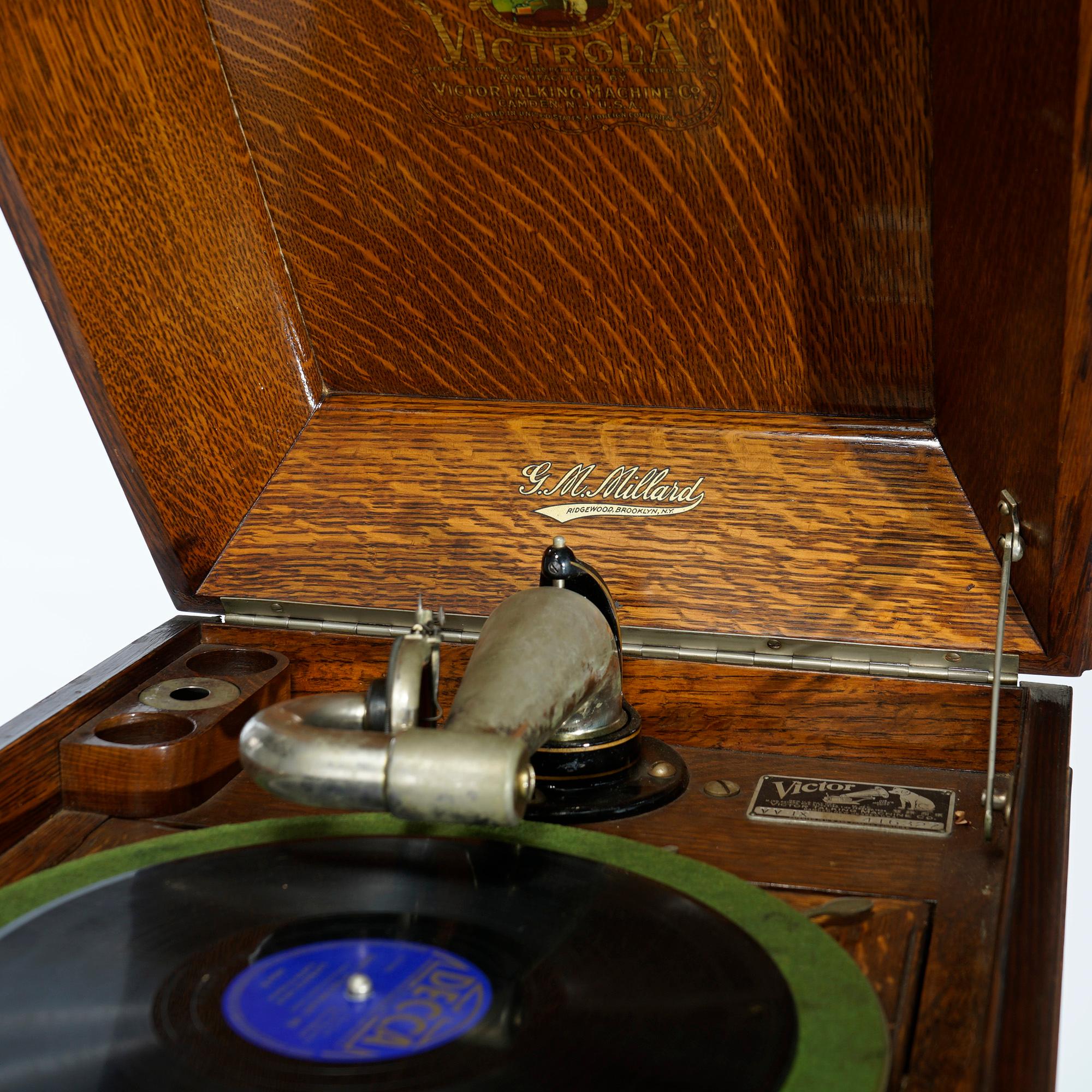 Antique Victor Victrola Table Top Portable Phonograph & Base Cabinet, Circa 1920 1