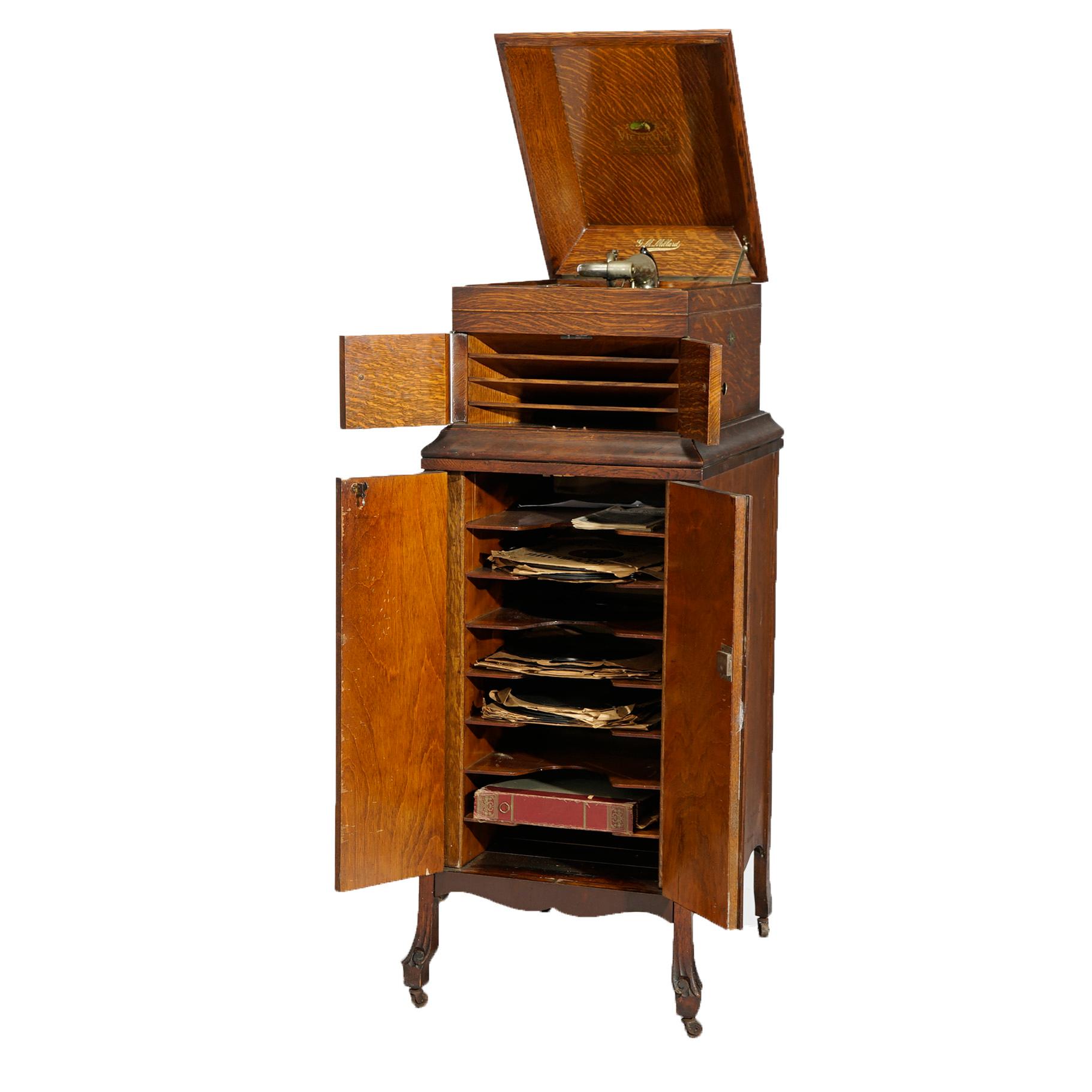 American Antique Victor Victrola Table Top Portable Phonograph & Base Cabinet, Circa 1920