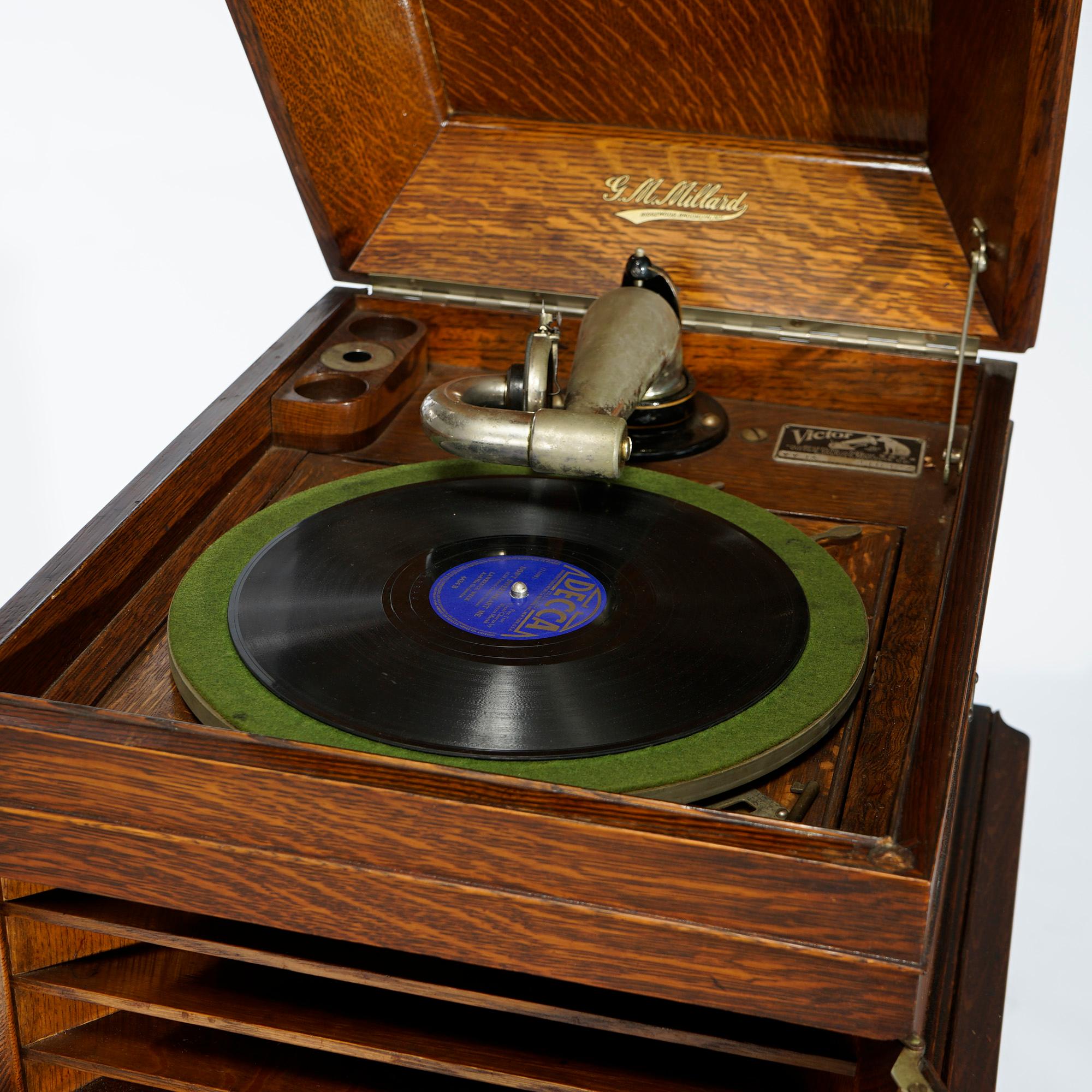 20th Century Antique Victor Victrola Table Top Portable Phonograph & Base Cabinet, Circa 1920