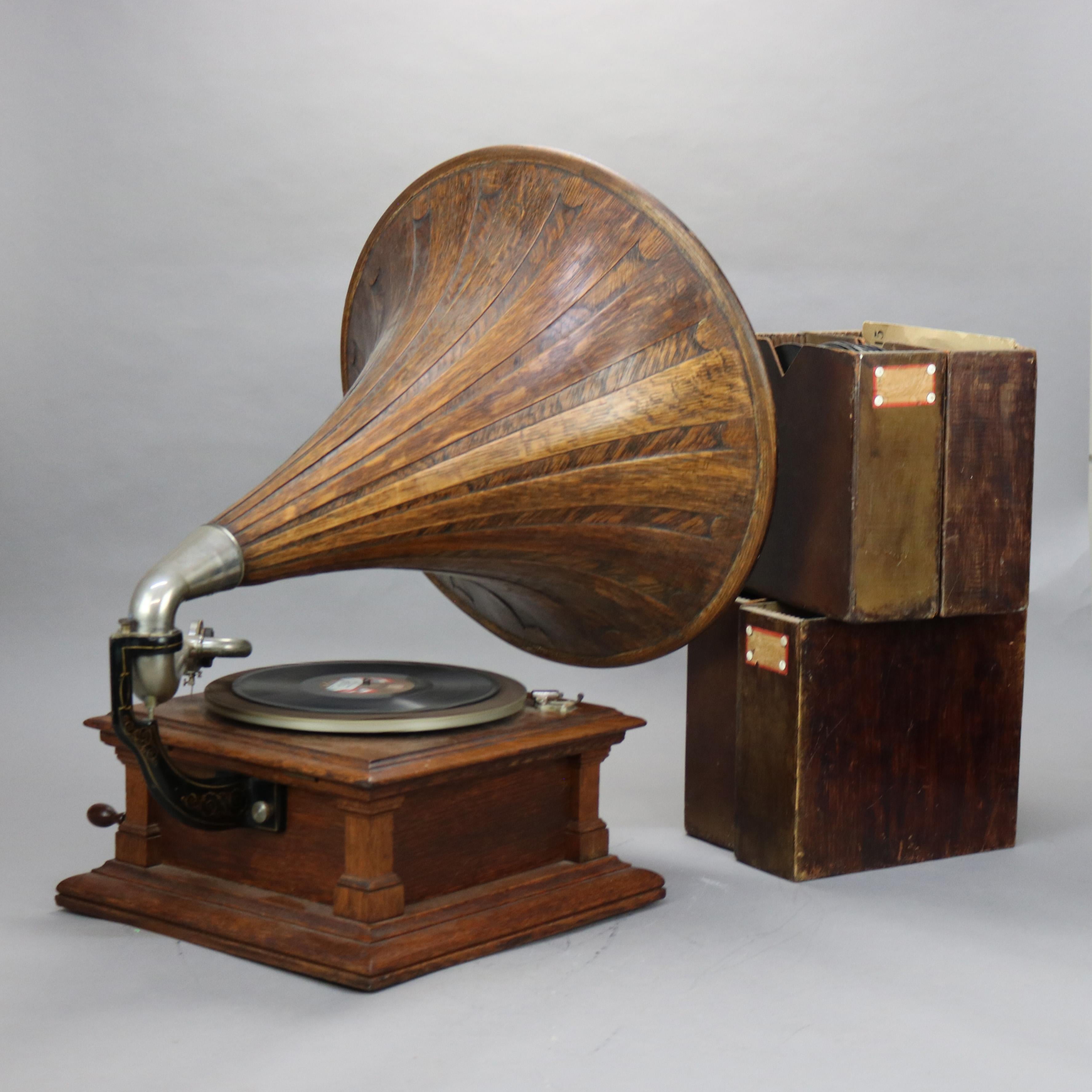 Antiker Victor Victrola V Oak Phonograph mit Oak Horn & Vinylplatten C1910 (20. Jahrhundert)
