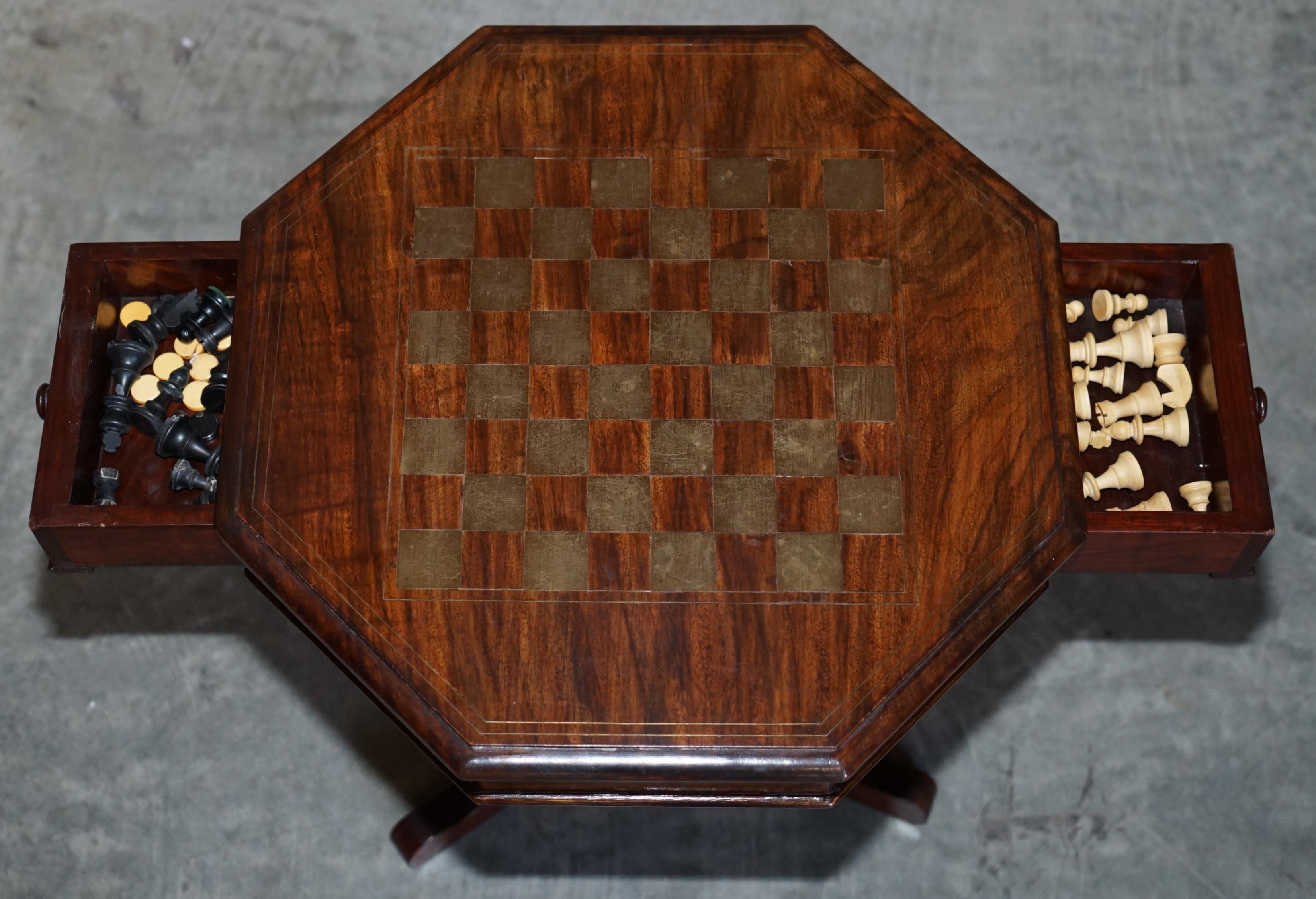 Antique Victorain Hardwood Brass Inlaid Chess Games Table with Staunton Pieces 1