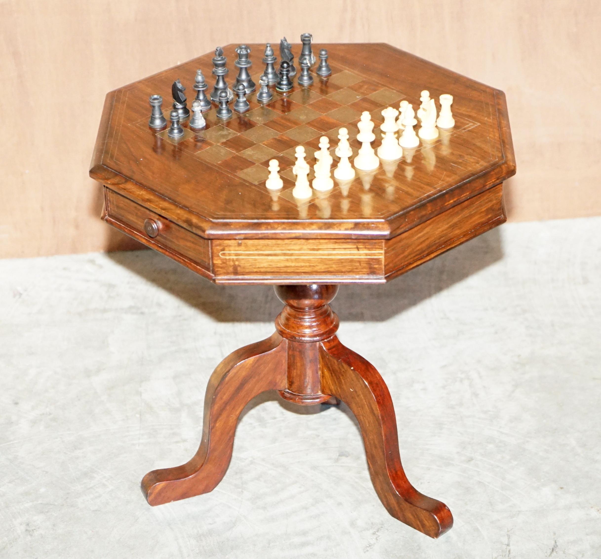 Antique Victorain Hardwood Brass Inlaid Chess Games Table with Staunton Pieces 3