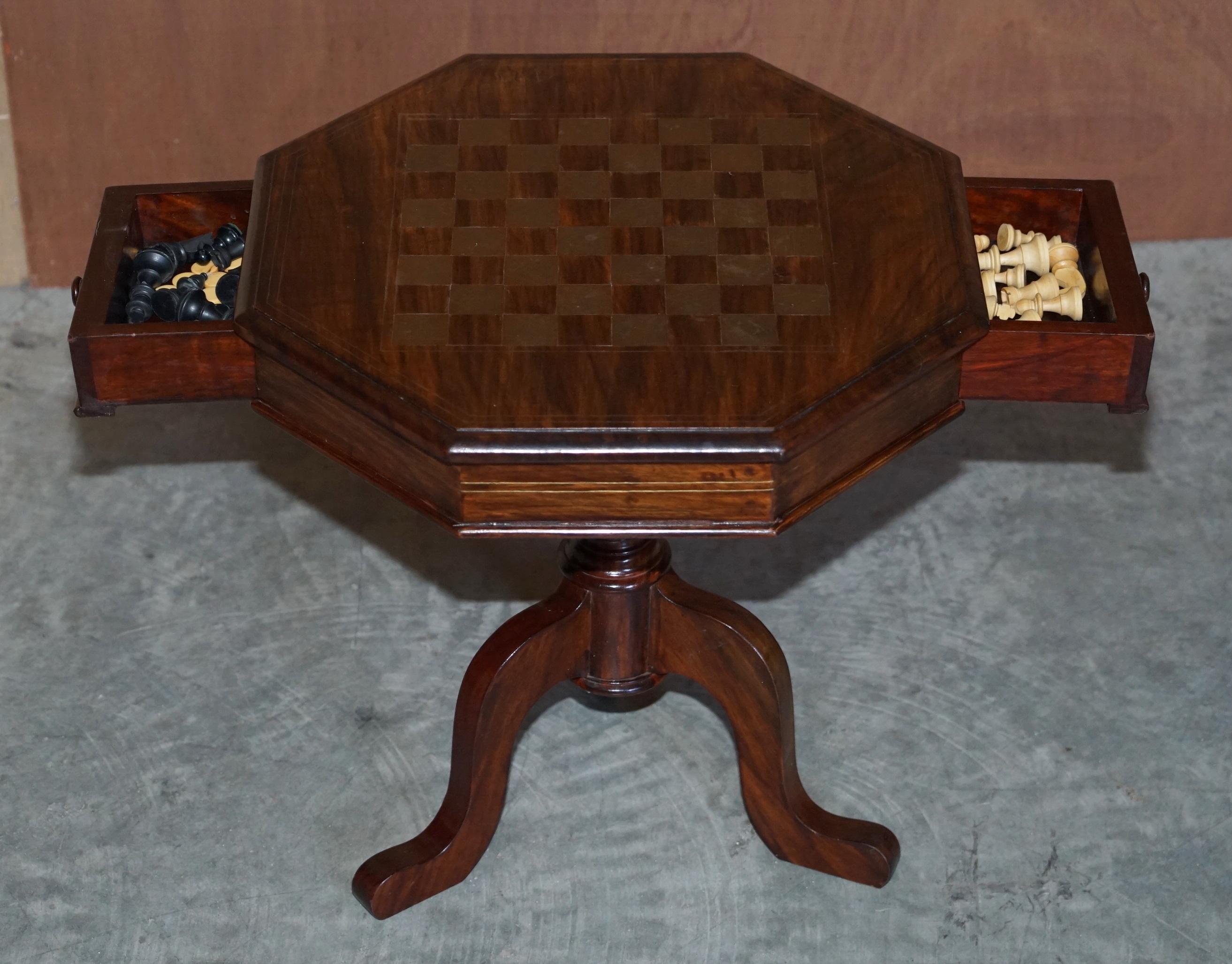 19th Century Antique Victorain Hardwood Brass Inlaid Chess Games Table with Staunton Pieces