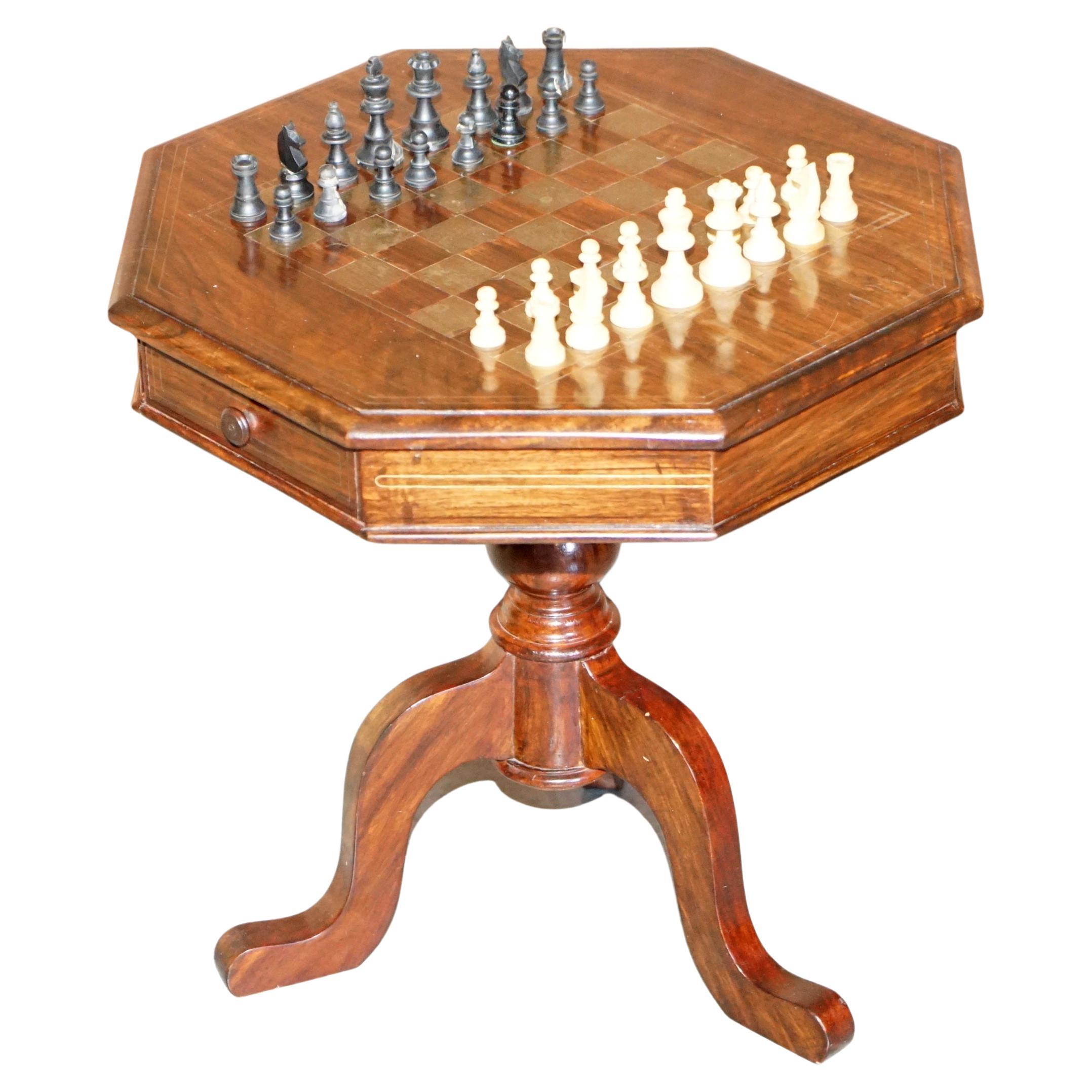 Antique Victorain Hardwood Brass Inlaid Chess Games Table with Staunton Pieces