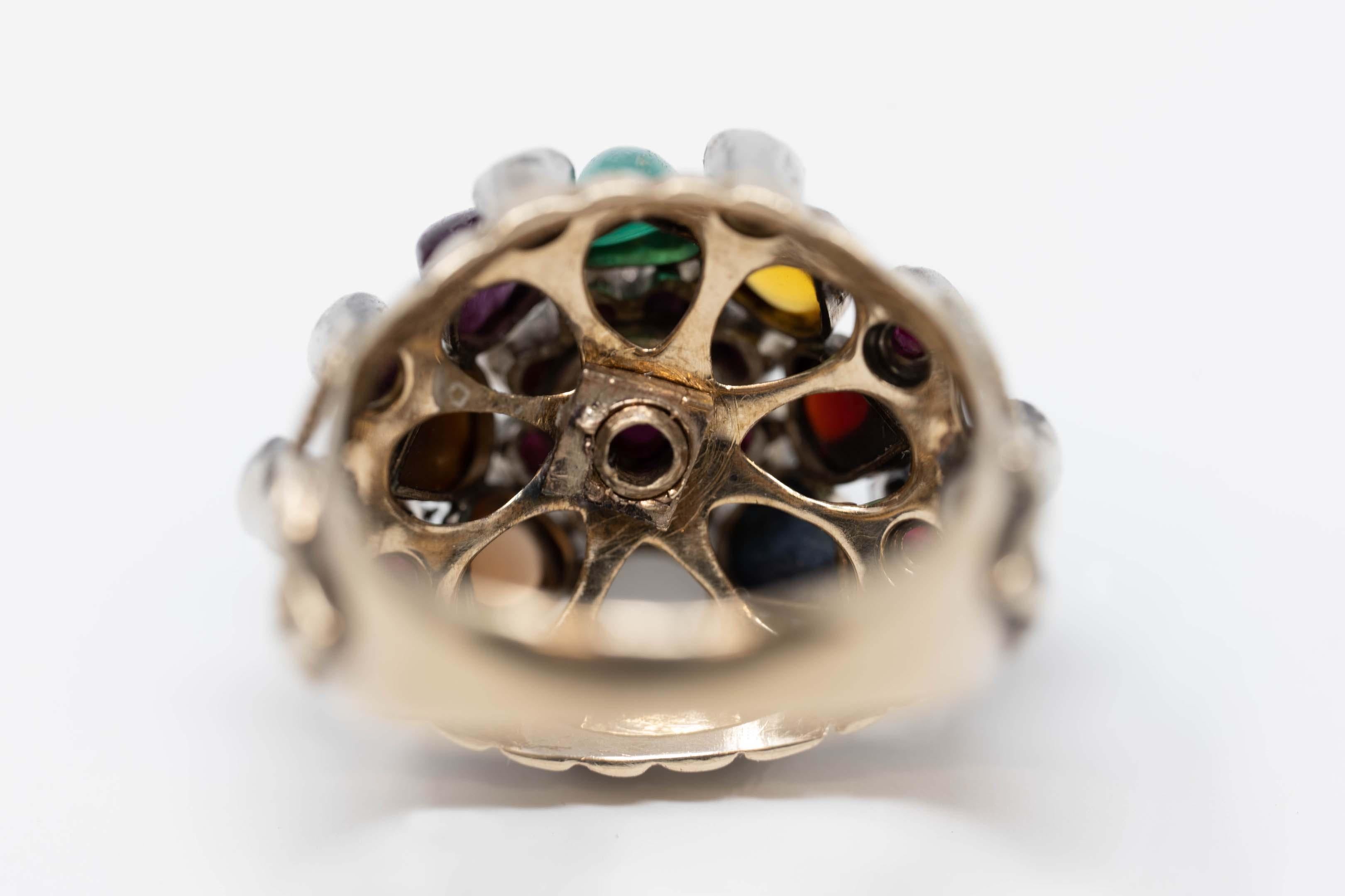 Cabochon Antique Victoria Era 14k Gold Ruby Sapphire & Tourmaline Ring For Sale