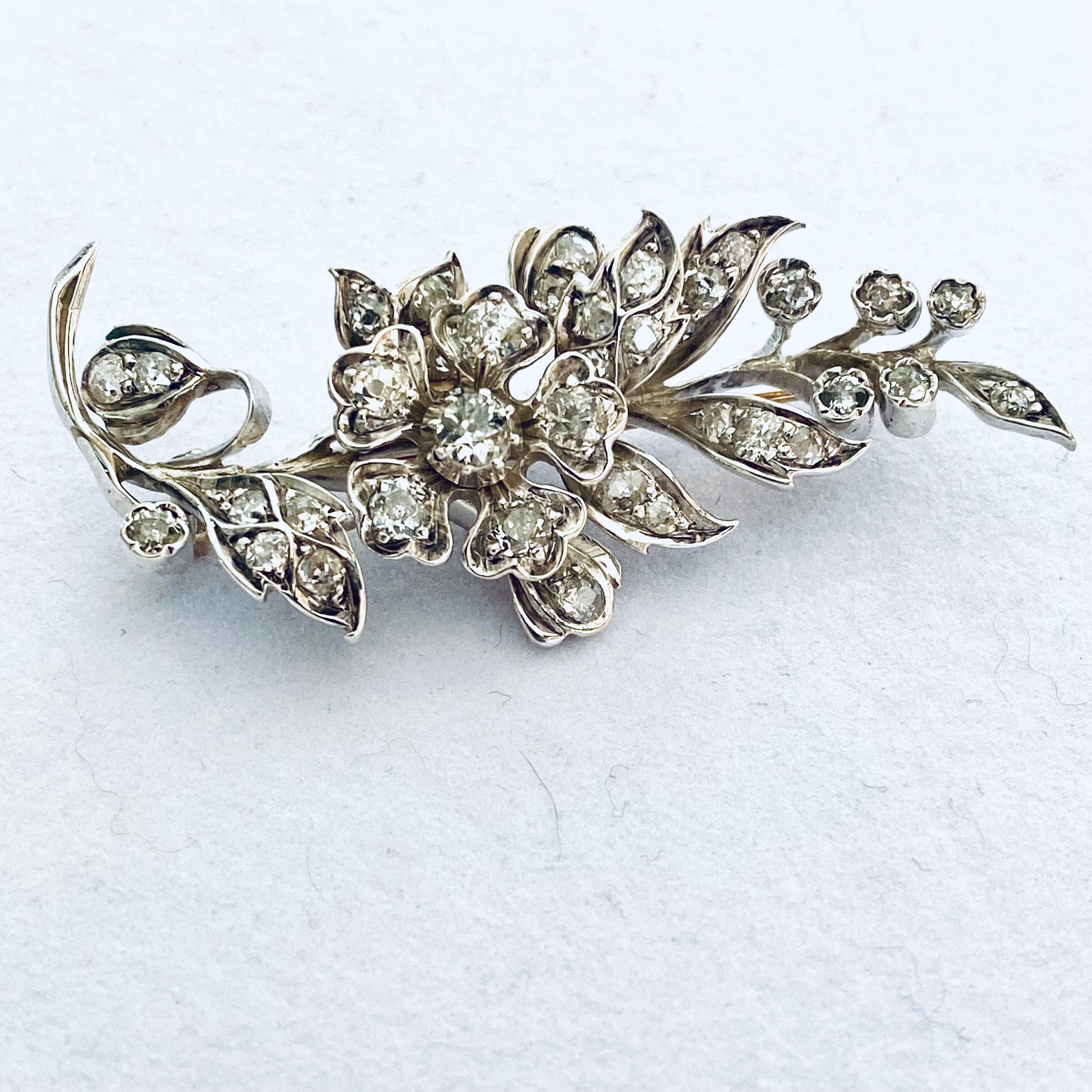 Women's or Men's Antique Victoria Era 3 Carat Diamond Floral Brooch 2.25 Inch Eighteen Karat Gold