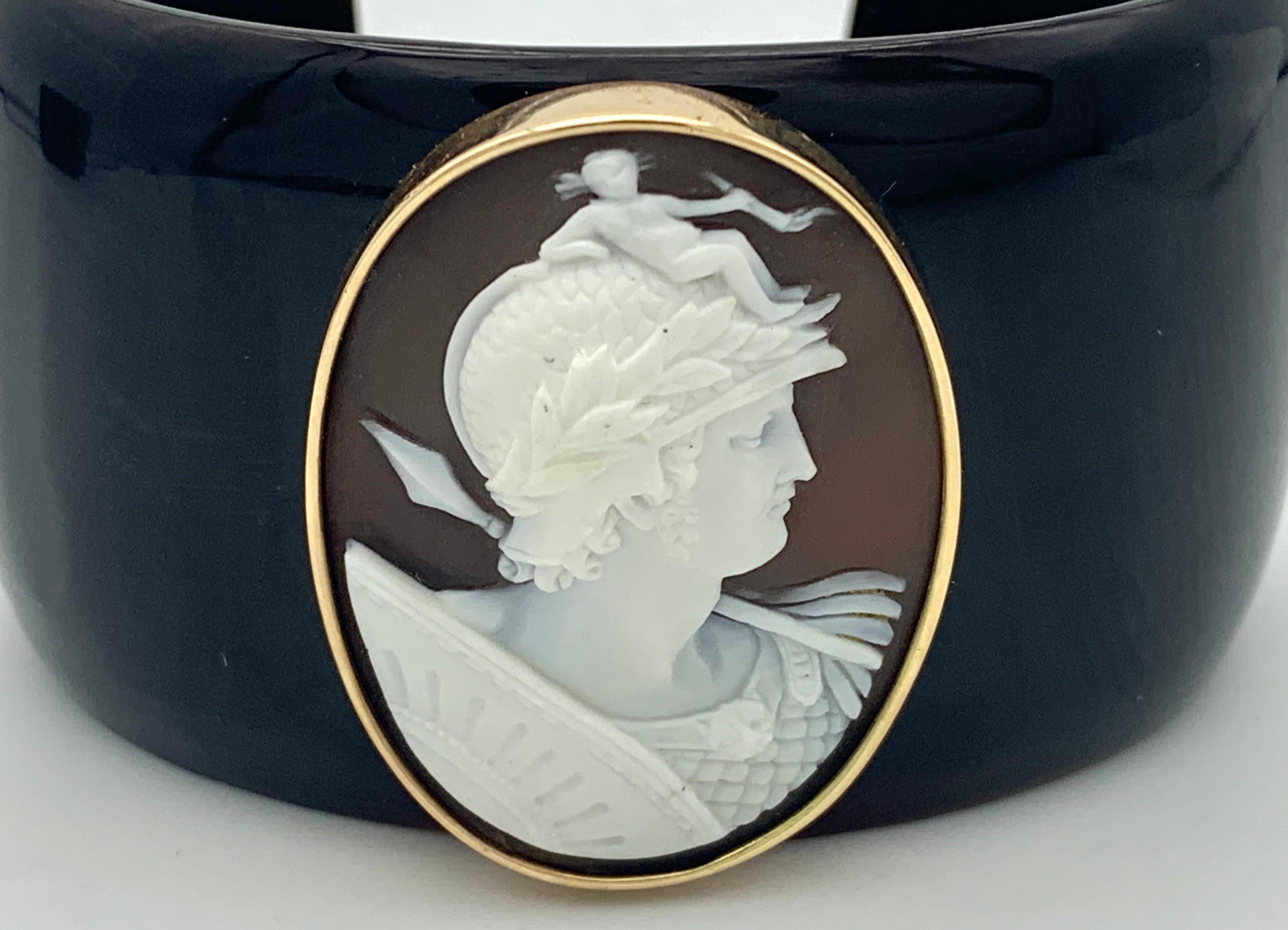 Women's Antique Victoriam Shell Cameo of Mars 14 Karat Gold on a Bakelite Bangle For Sale