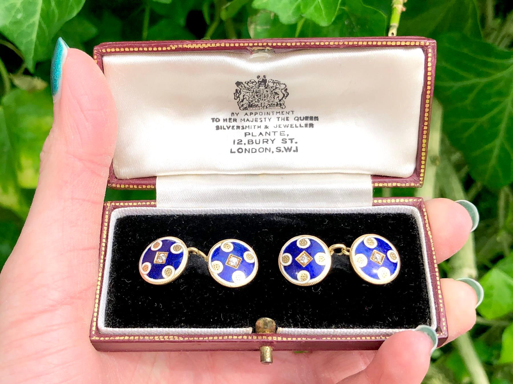 An impressive pair of antique Victorian 0.24 carat diamond and enamel, 18 carat yellow gold cufflinks; part of our diverse antique jewellery and estate jewelry collections

These fine and impressive antique cufflinks have been crafted in 18ct yellow