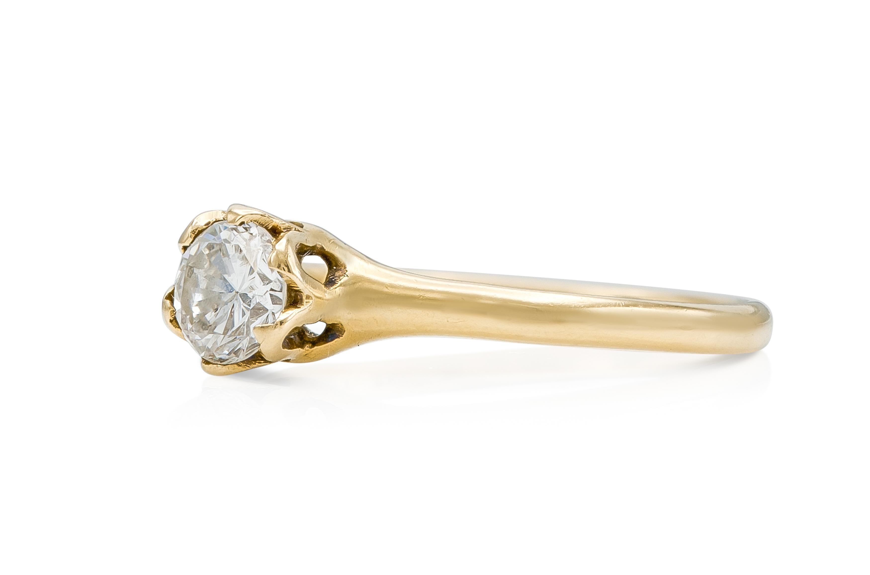 Finement réalisé en or jaune 14k avec un diamant de taille européenne pesant environ 0,50 carats.
Fin des années 1800.
Taille 5 1/2 , redimensionnable