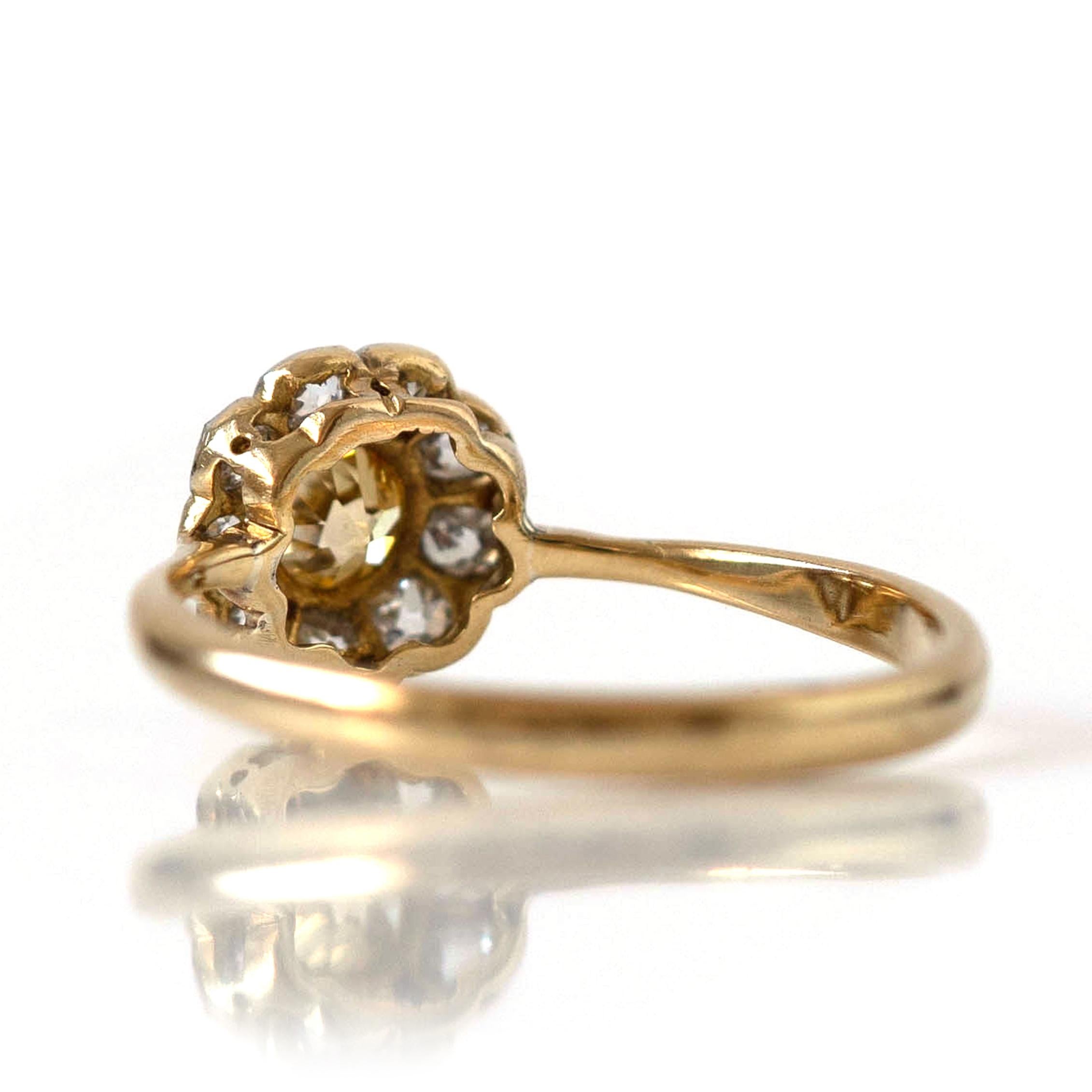 Bague grappe victorienne ancienne en or 18 carats avec diamants jaunes de 0,65 carat Bon état à London, GB