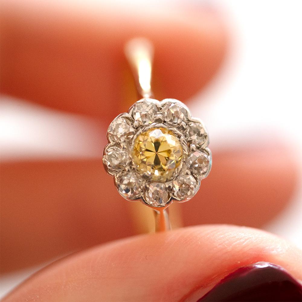 Old European Cut Antique Victorian 0.65ct Yellow Diamond 18ct Gold Diamond Cluster Ring