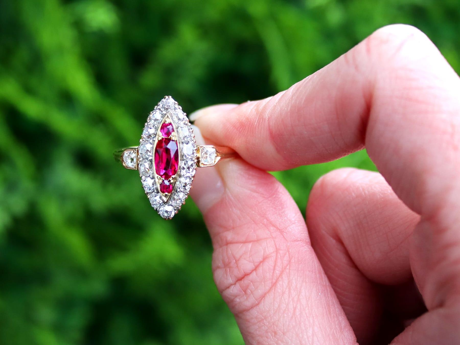 A stunning, fine and impressive antique 0.75ct Burmese ruby and 2.13 carat diamond, 18 karat yellow gold dress ring; part of our diverse antique jewellery and estate jewelry collections.

This stunning, fine and impressive antique ruby ring has been