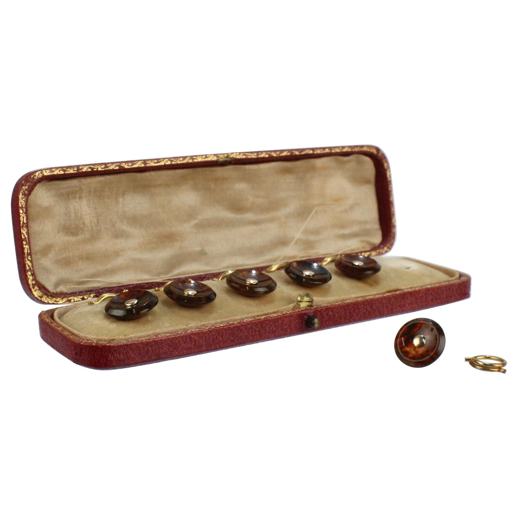 Ensemble de boutons de chemise victoriens en or 10 carats et agate mousse rouge avec boîte d'origine