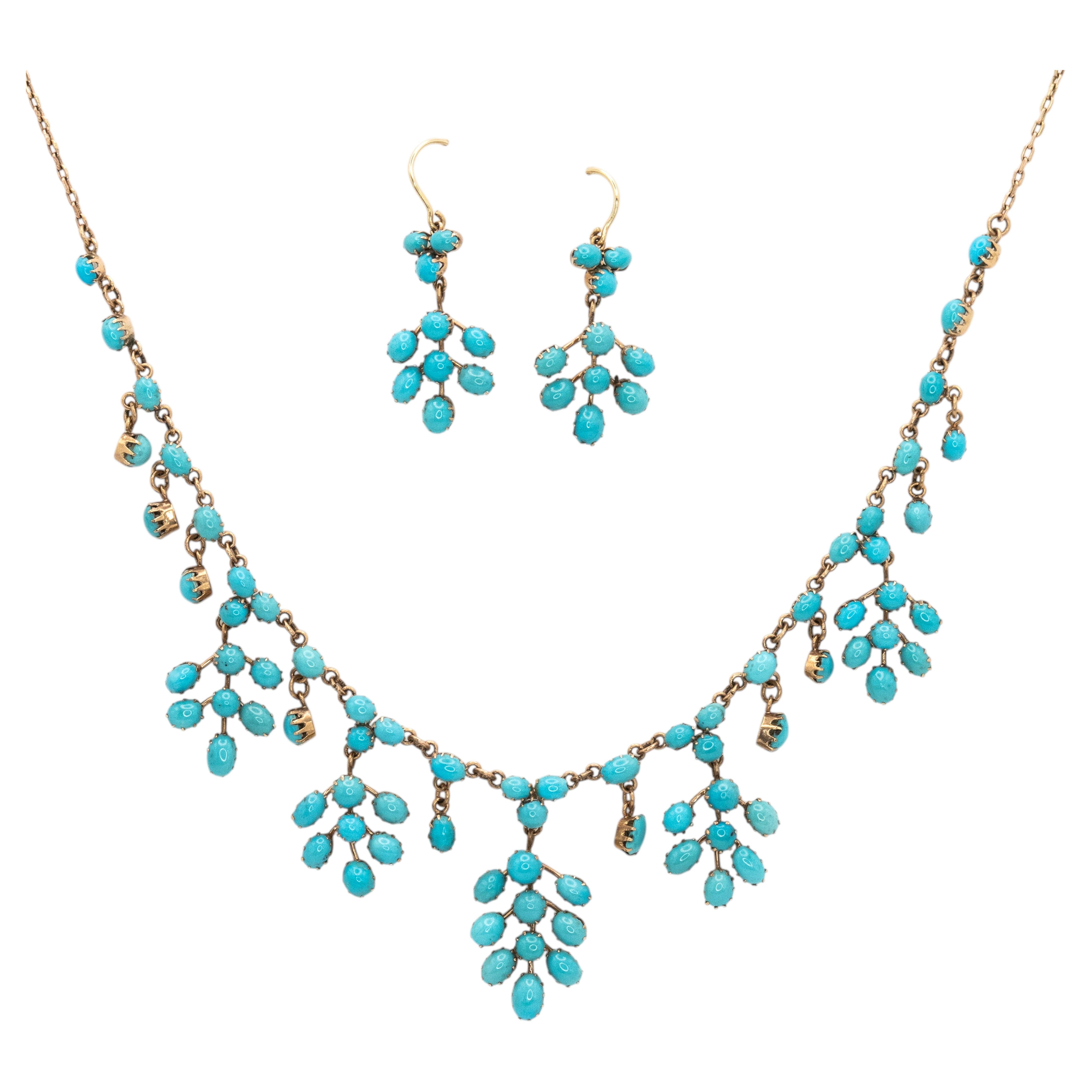 Antique 10K Gold Natural Turquoise Necklace and Earrings Demi-Parure