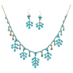 Antique 10K Gold Natural Turquoise Necklace and Earrings Demi-Parure