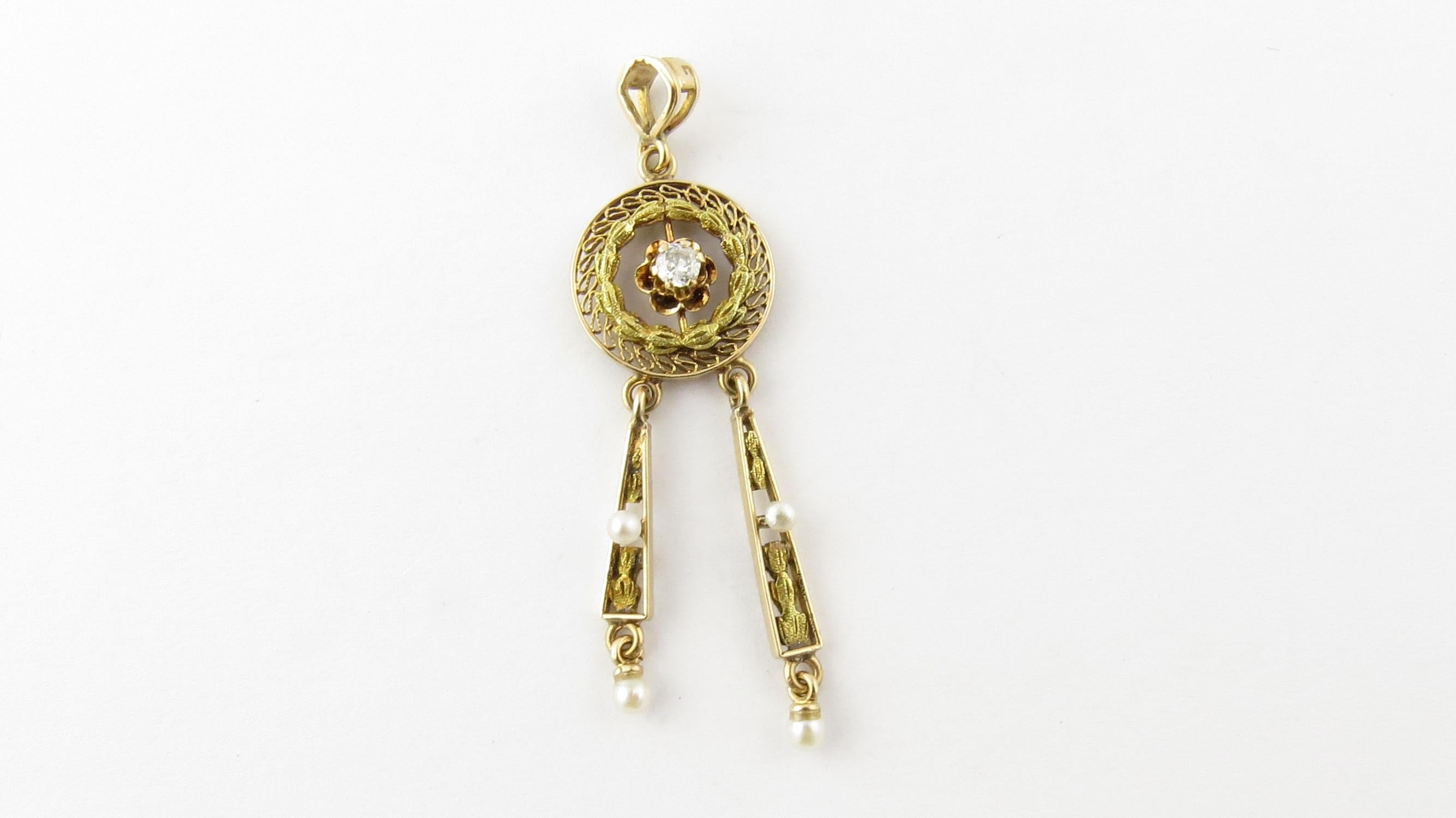 Women's Antique Victorian 10 Karat Yellow Gold Seed Pearl and Diamond Pendant