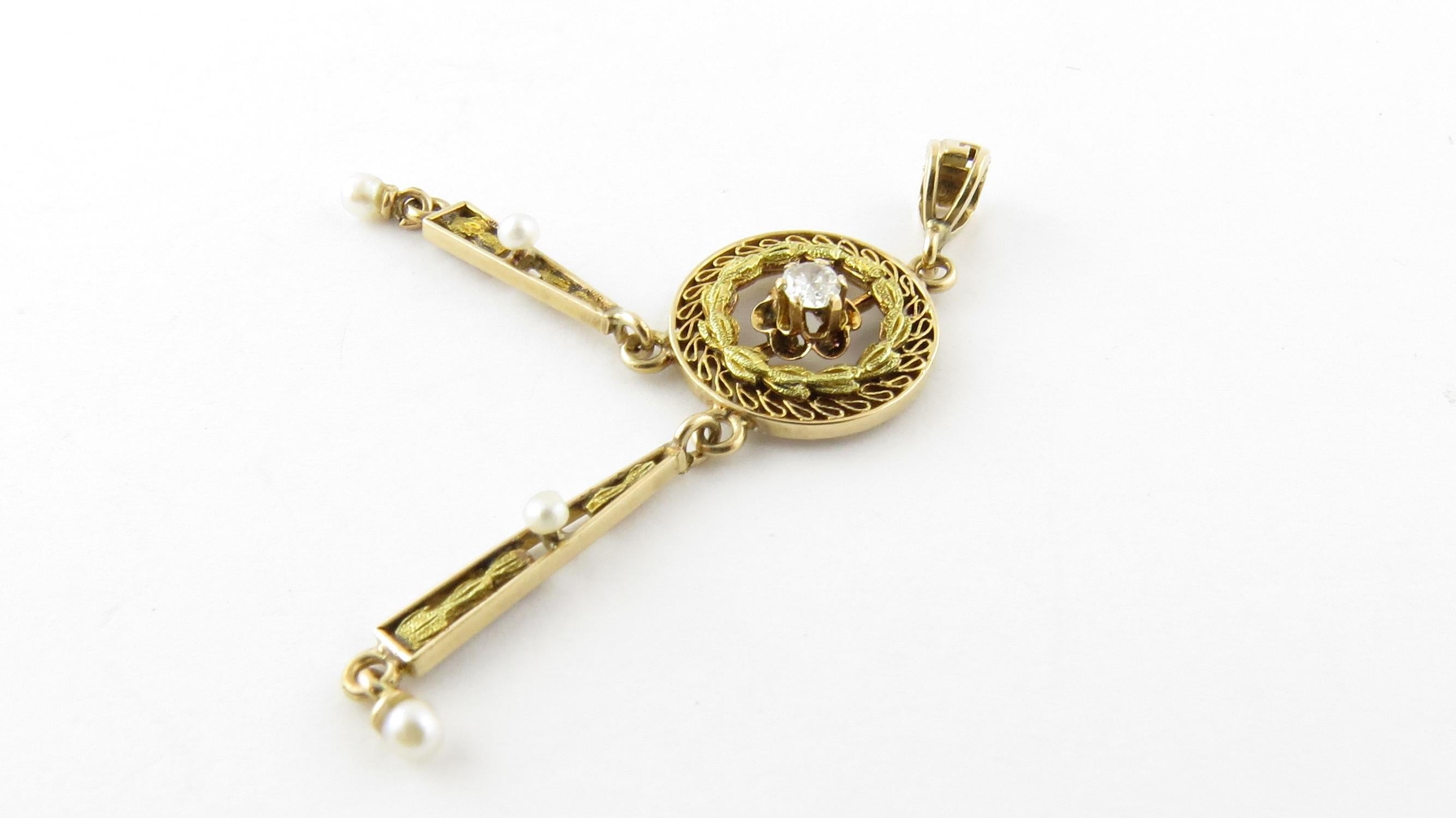 Antique Victorian 10 Karat Yellow Gold Seed Pearl and Diamond Pendant 1