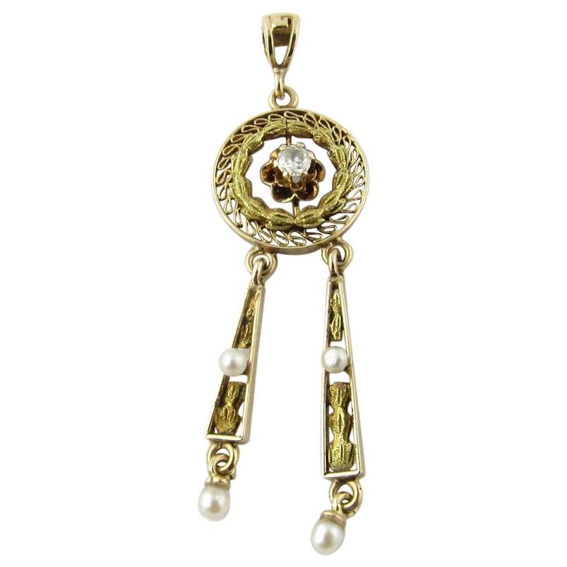 Antique Victorian 10 Karat Yellow Gold Seed Pearl and Diamond Pendant