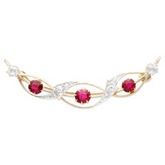 Antique Victorian 1.01 Carat Ruby and Diamond Yellow Gold Brooch, Circa 1890