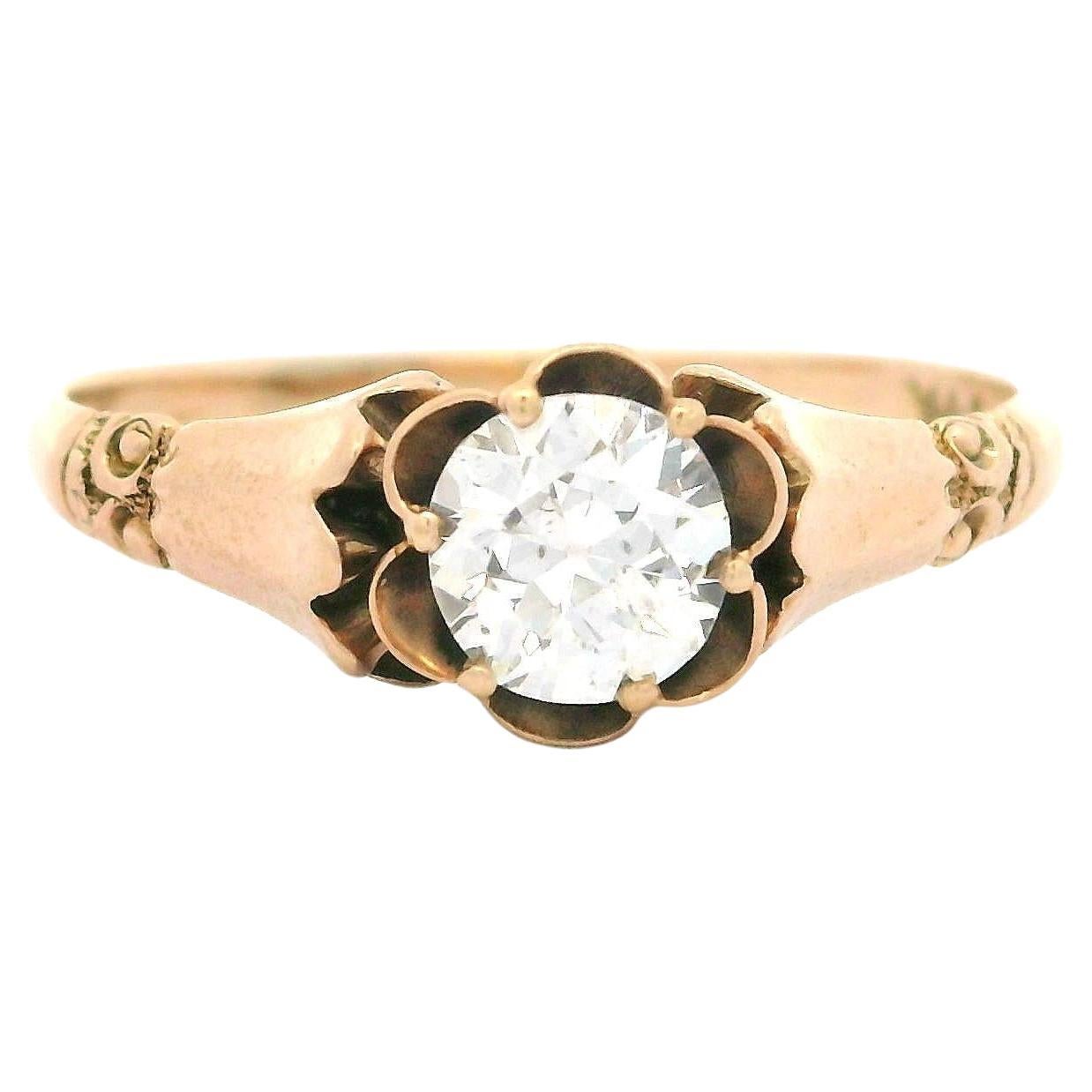 Antique Victorian 10k Gold 0.45ct Old European Cut Floral Basket Solitaire Ring