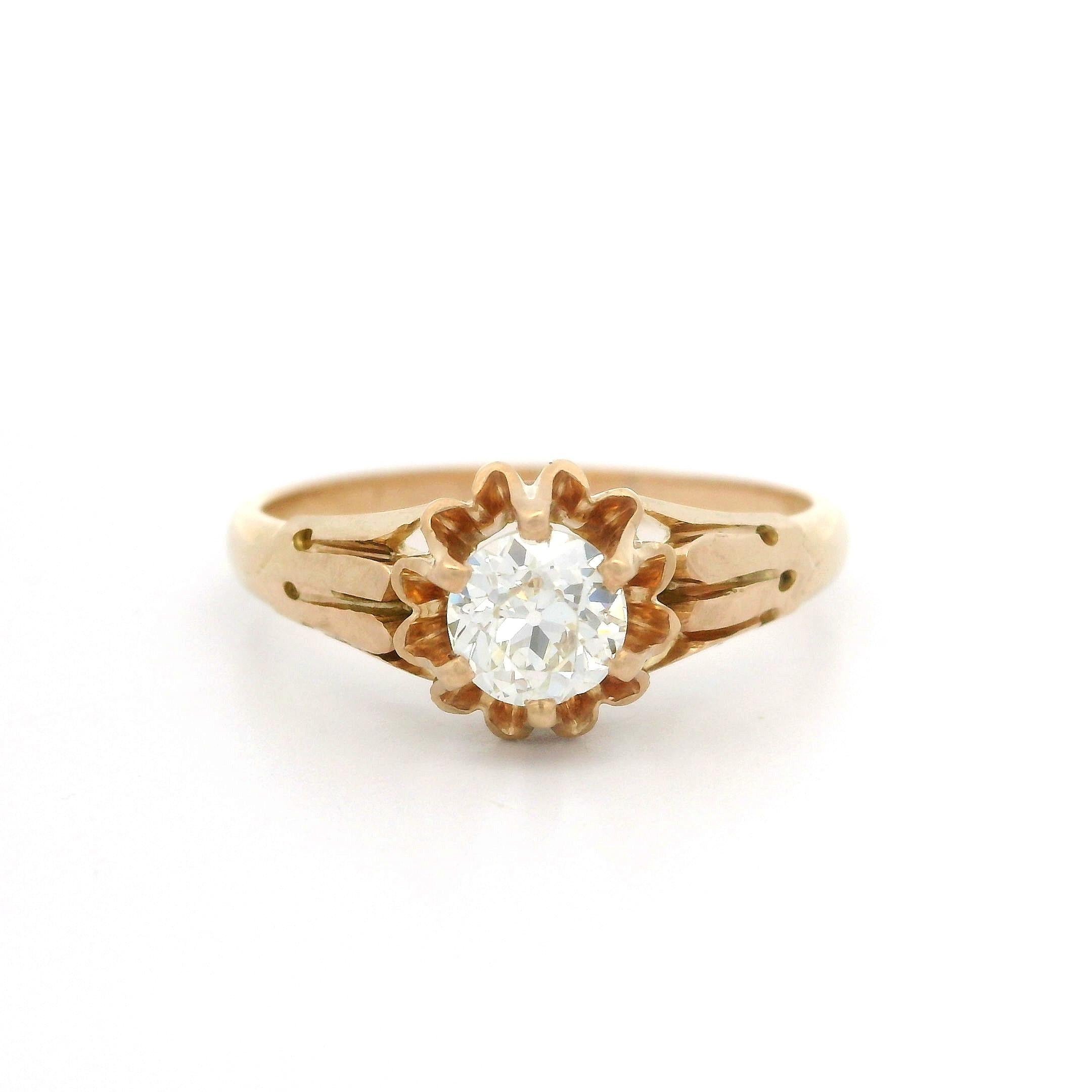 Antique Victorian 10k Gold 0.48ct Old European Cut Diamond Solitaire Flower Ring