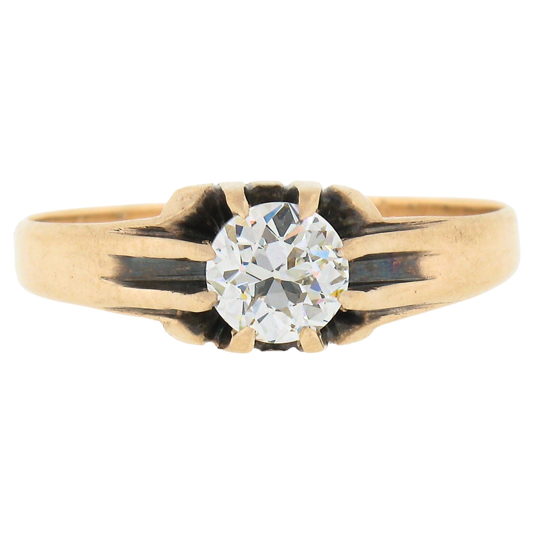Antique Victorian 10k Gold 0.54ct GIA European Belcher Diamond Engagement Ring For Sale