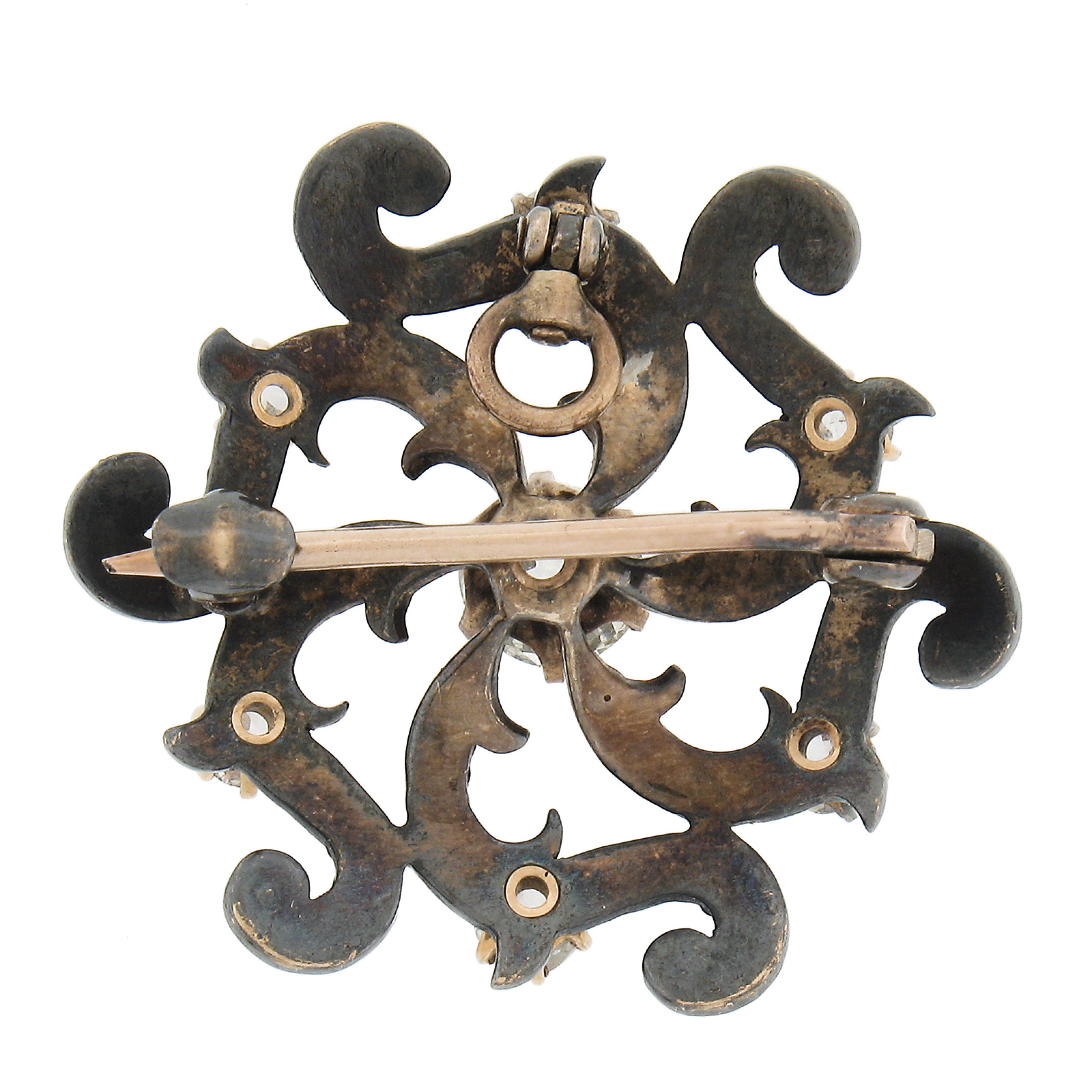 Round Cut Antique Victorian 10k Gold 1.22ctw Diamond & Seed Pearl Flower Brooch Pendant For Sale