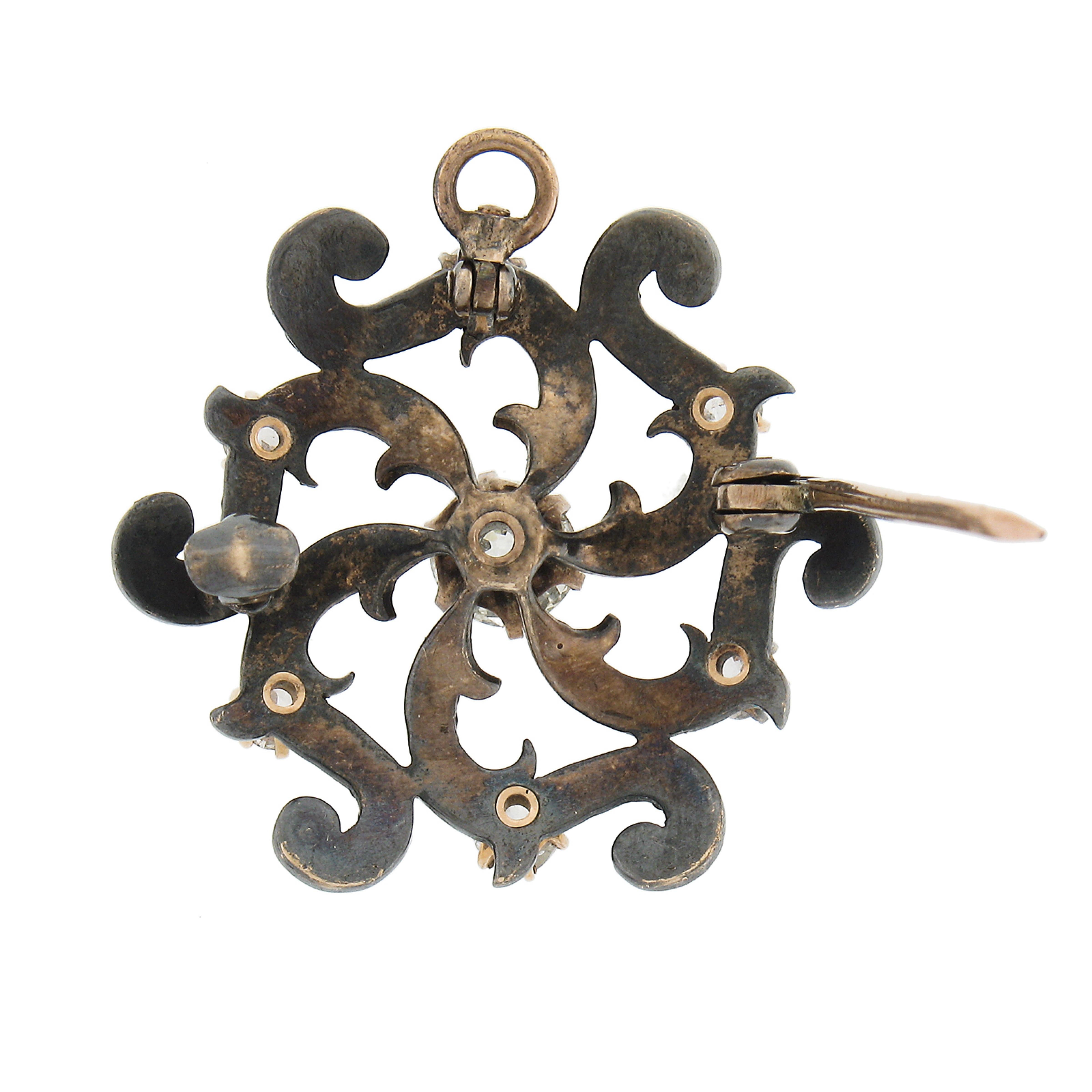Antique Victorian 10k Gold 1.22ctw Diamond & Seed Pearl Flower Brooch Pendant In Good Condition For Sale In Montclair, NJ
